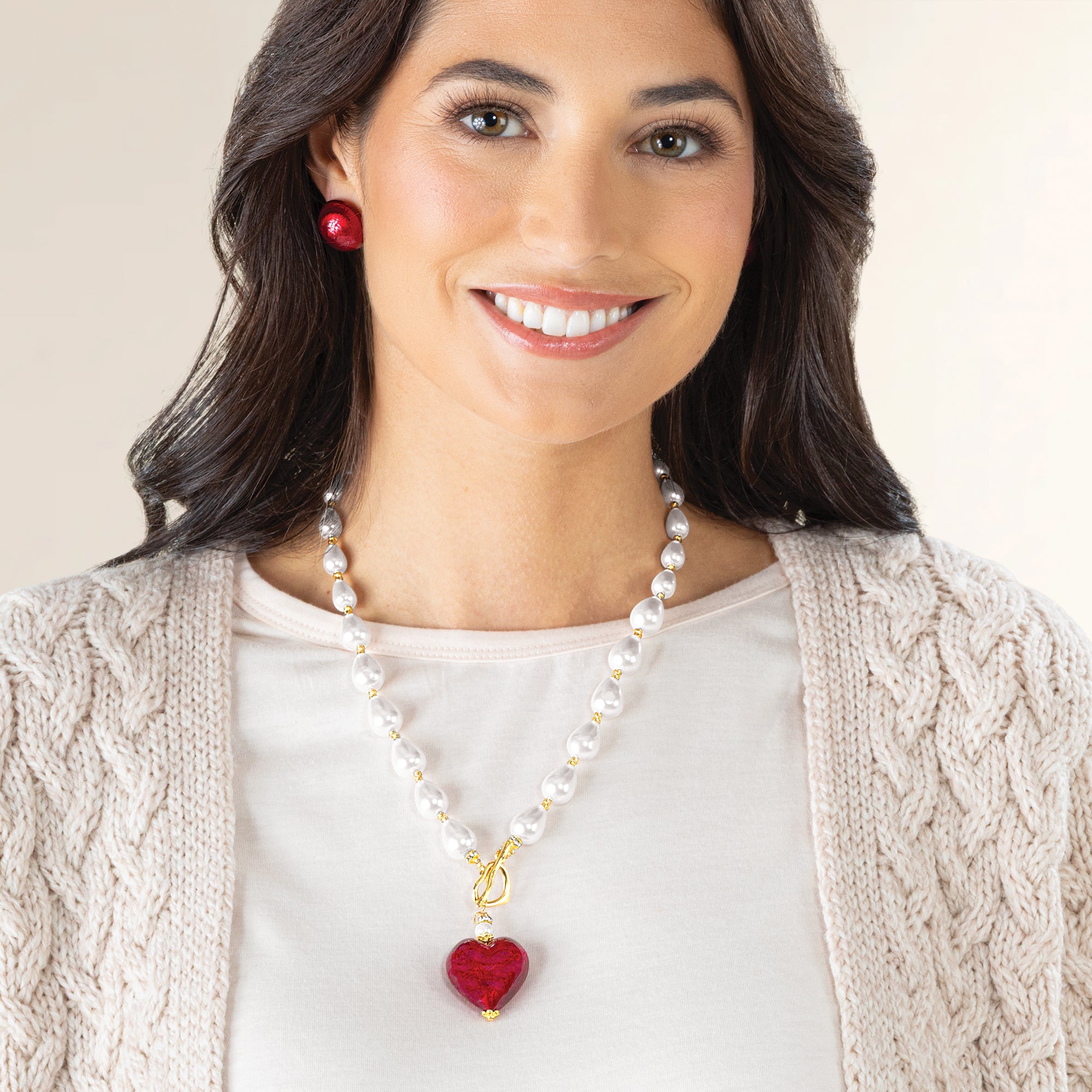 Murano Glass Much Love Red Heart Pendant & Pearls Necklace (Preorder)