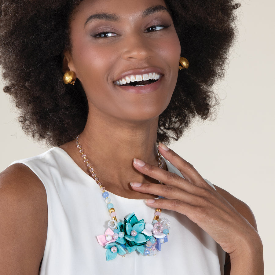 Murano Glass Blue Floral Statement Necklace (Preorder)