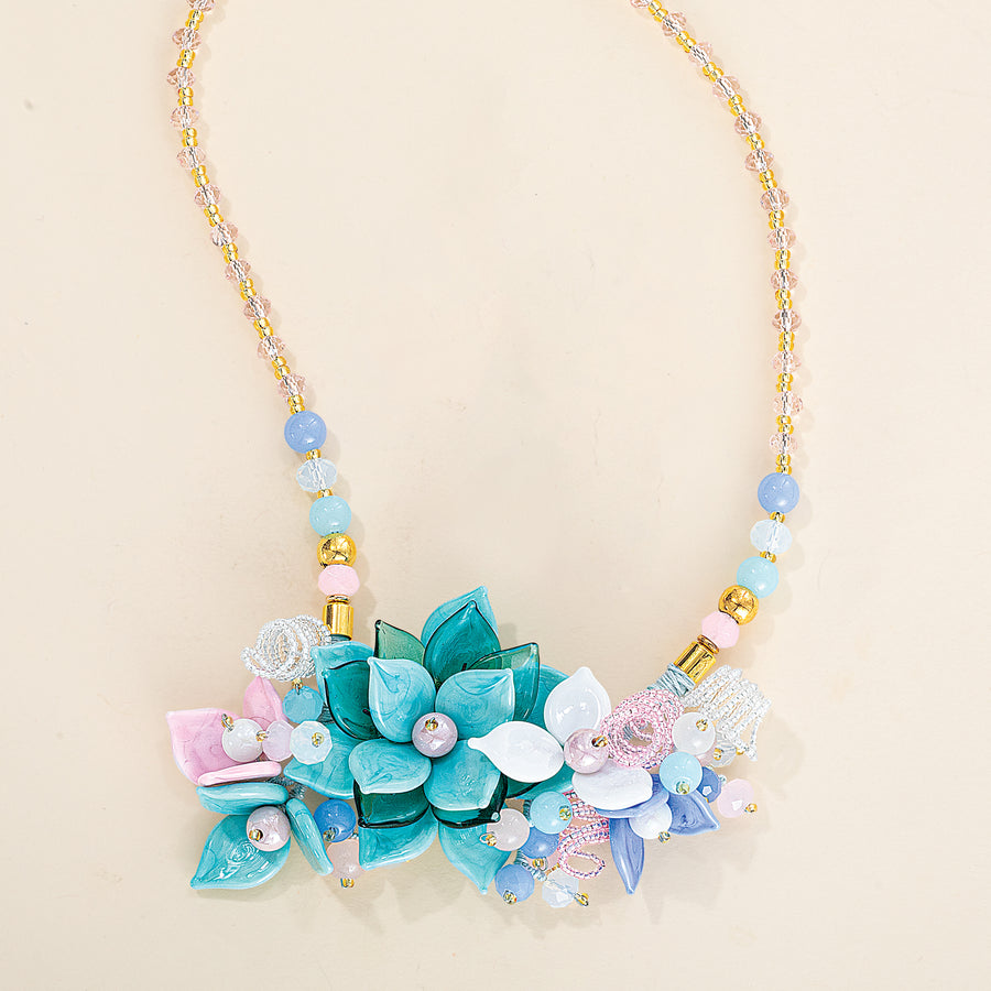 Murano Glass Blue Floral Statement Necklace (Preorder)