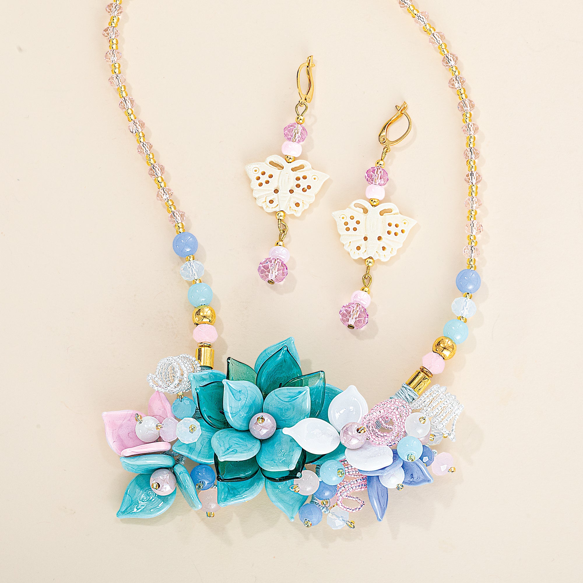 Murano Glass Blue Floral Statement Necklace (Preorder)