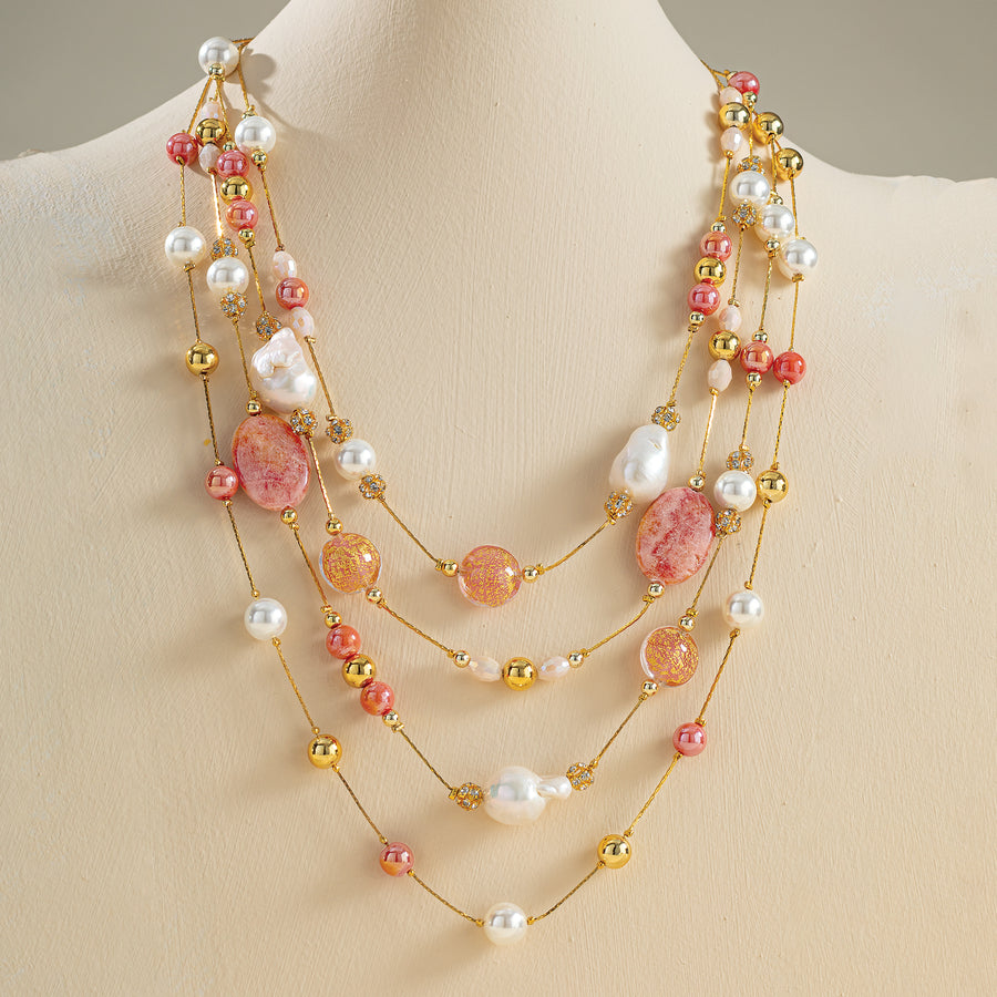 Multistrand Murano Glass Pearl & Strawberry Quartz Necklace