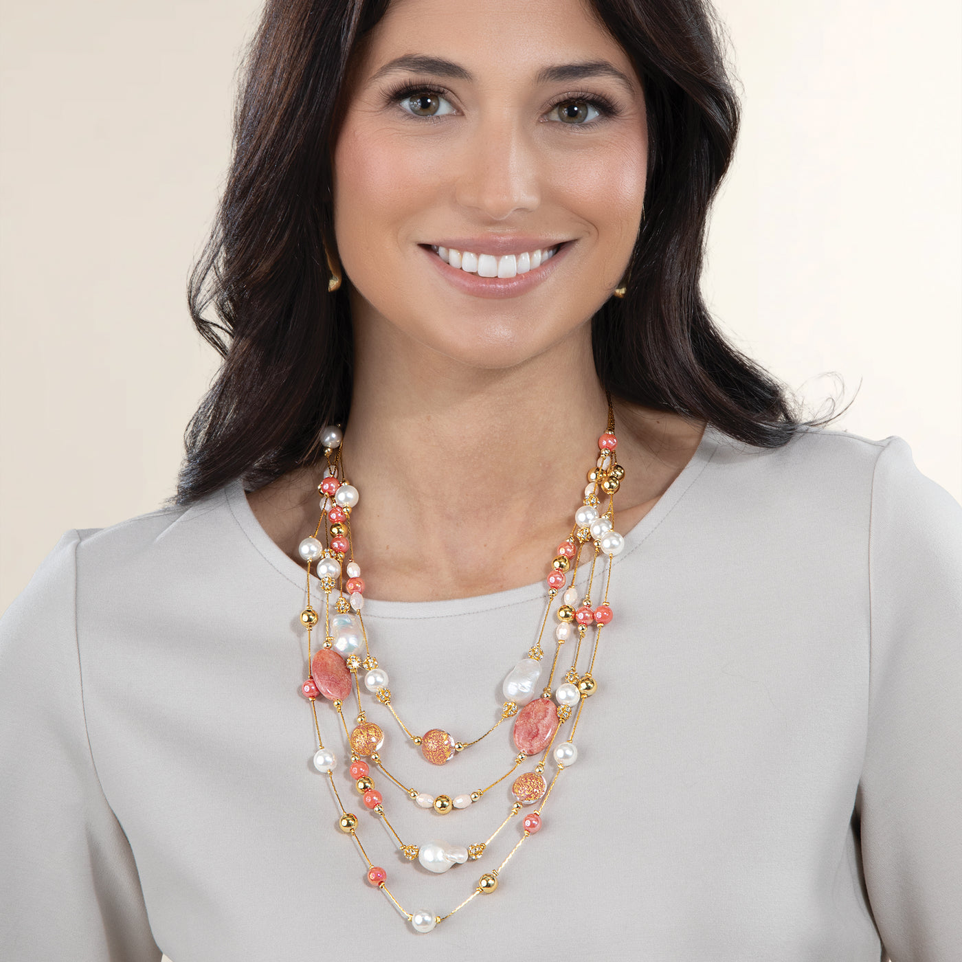 Multistrand Murano Glass Pearl & Strawberry Quartz Necklace