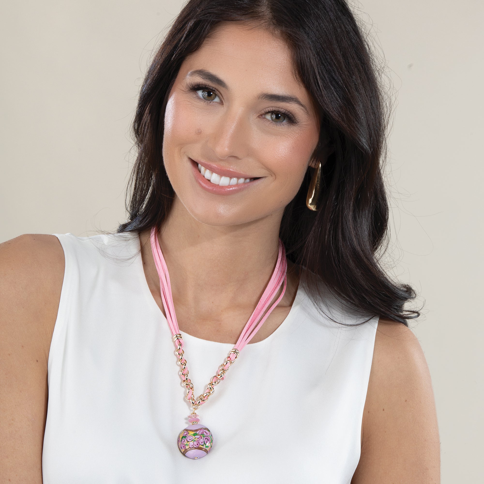 Murano Glass Pink Rosettes Pendant Necklace