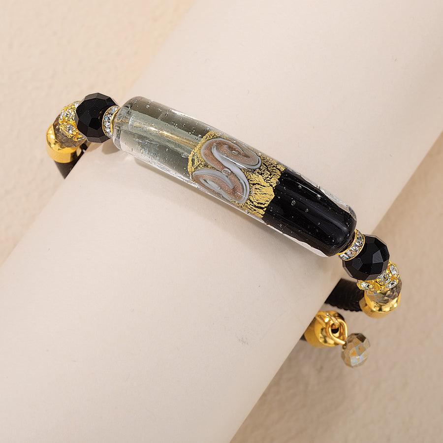 Murano Glass Gilded Swirl Black & Gold Memory Wire Bracelet