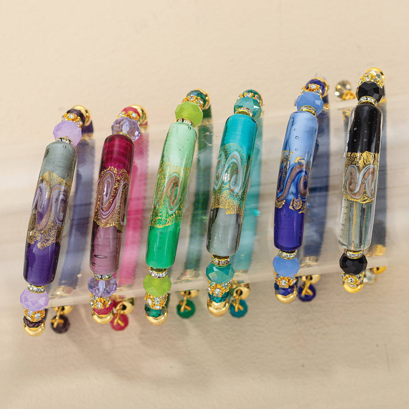 Murano Glass Gilded Swirl Green & Gold Memory Wire Bracelet