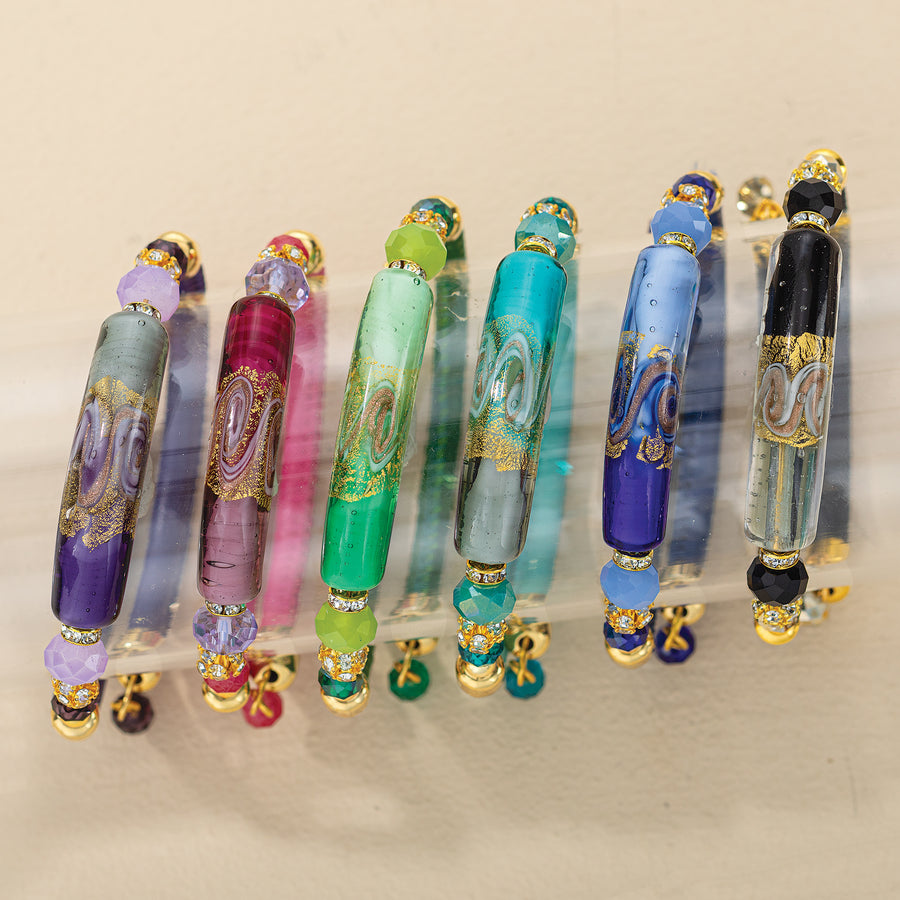 Murano Glass Gilded Swirl Purple & Gold Memory Wire Bracelet