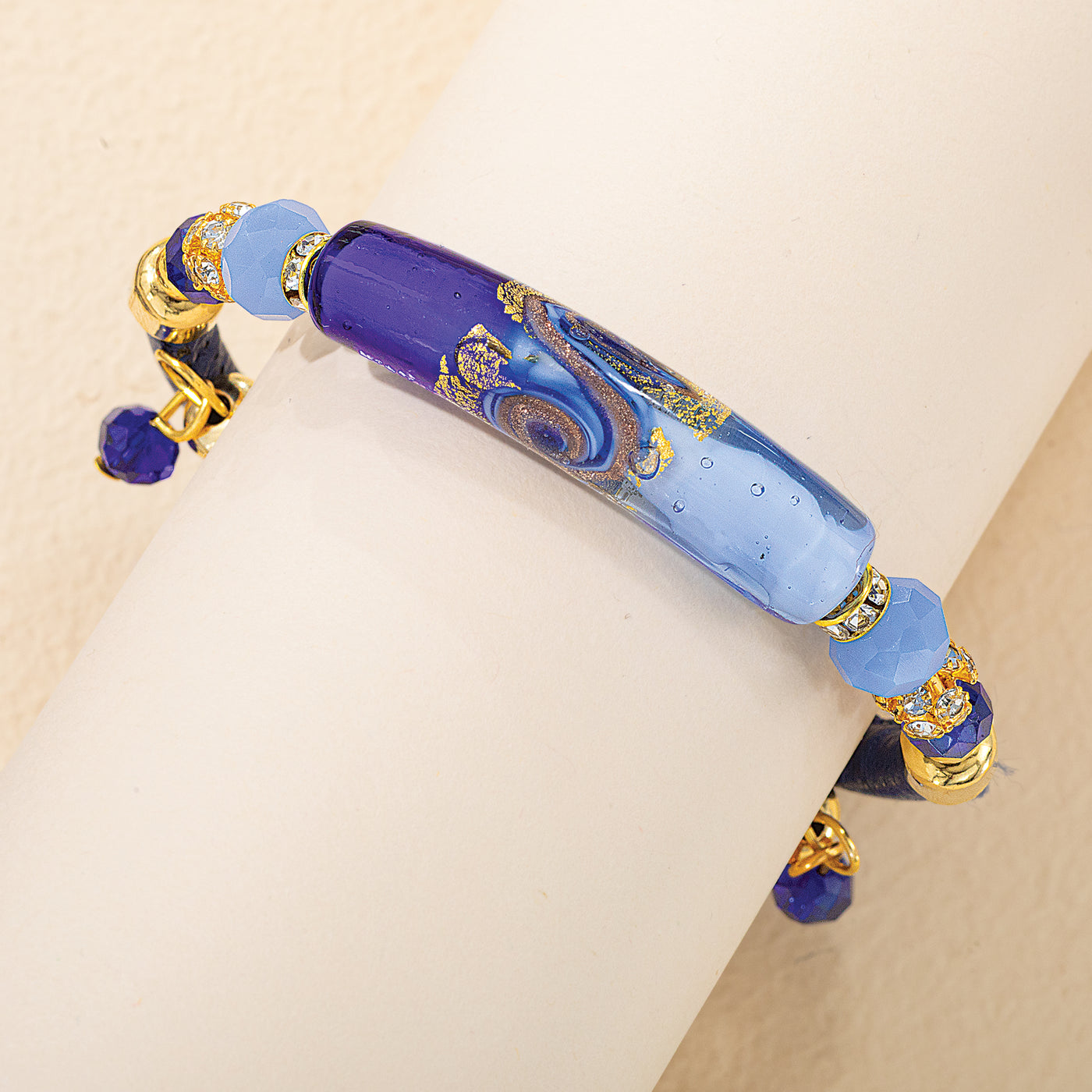 Murano Glass Gilded Swirl Blue & Gold Memory Wire Bracelet