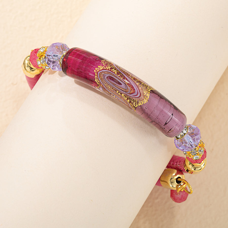 Murano Glass Gilded Swirl Pink & Gold Memory Wire Bracelet