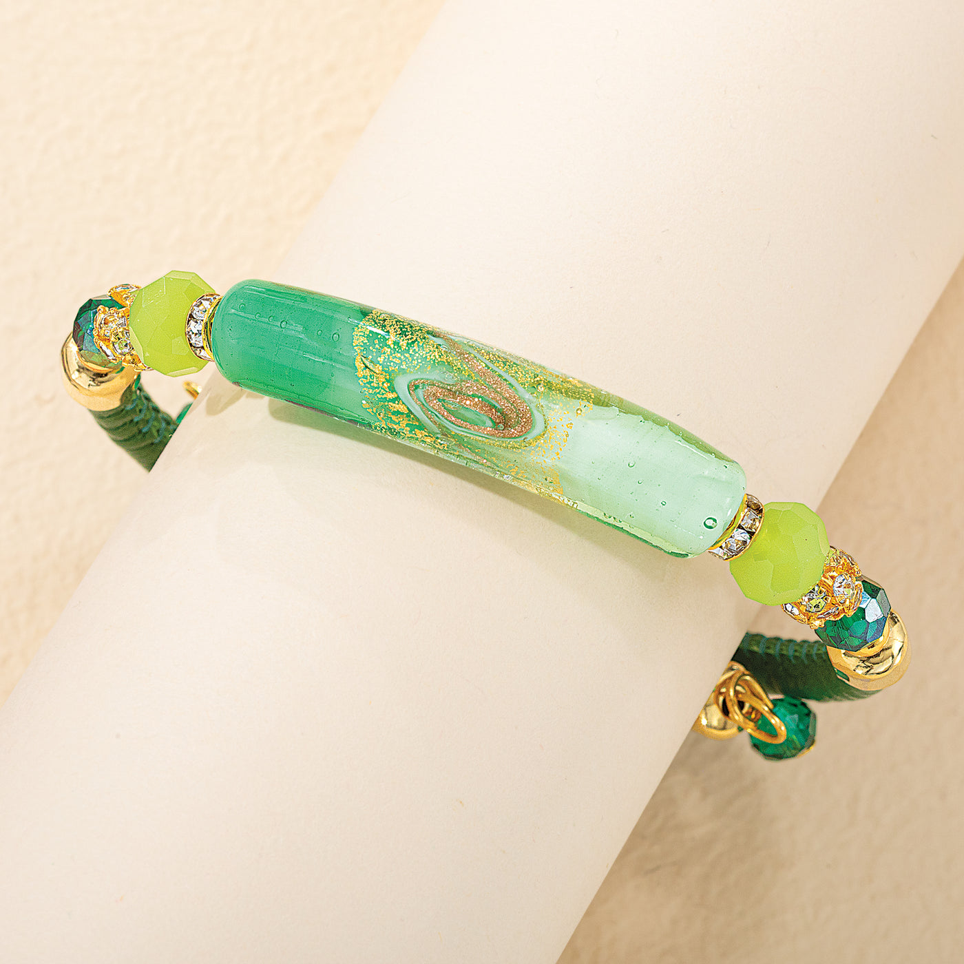 Murano Glass Gilded Swirl Green & Gold Memory Wire Bracelet