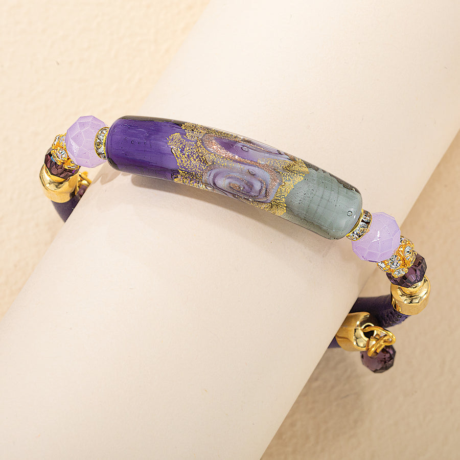 Murano Glass Gilded Swirl Purple & Gold Memory Wire Bracelet