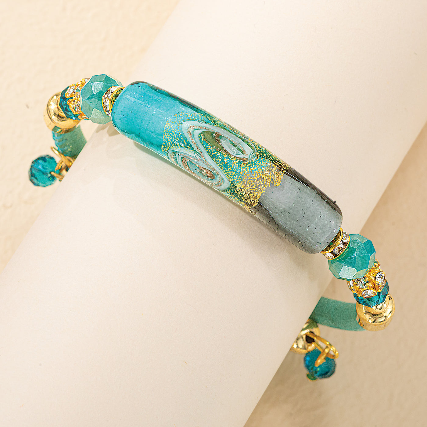 Murano Glass Gilded Swirl Aqua & Gold Memory Wire Bracelet
