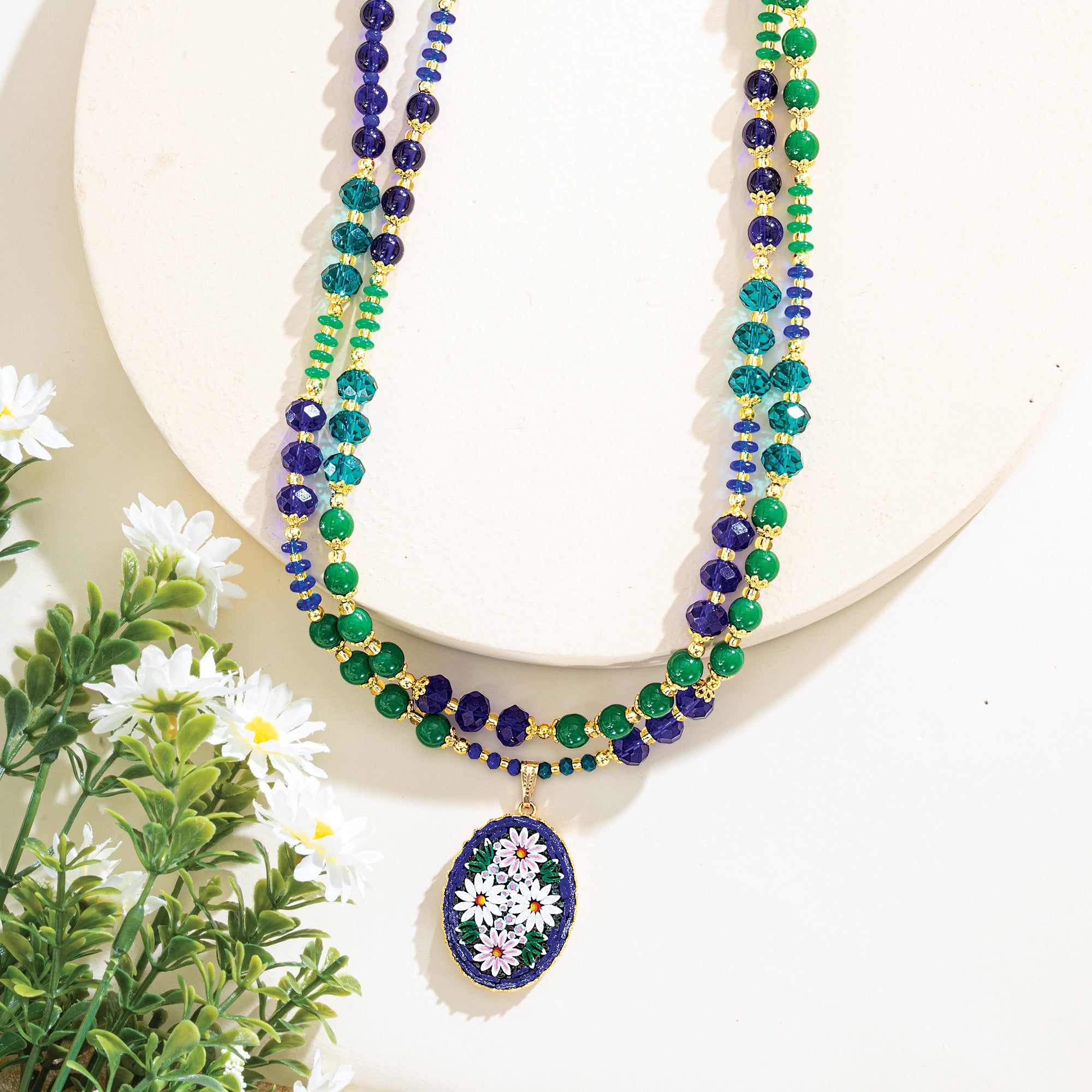 Murano Glass Double Strand Florentine Mosaic Pendant Necklace (Preorder)