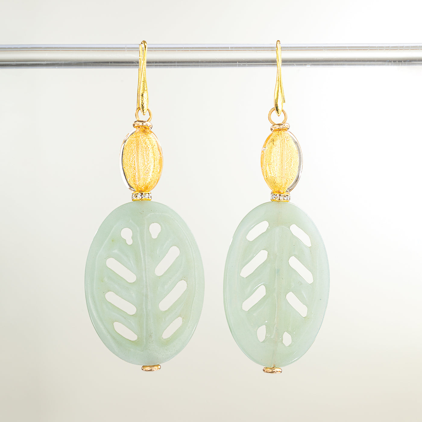 Murano Glass & Carved Jade Leaf Earrings (Preorder)