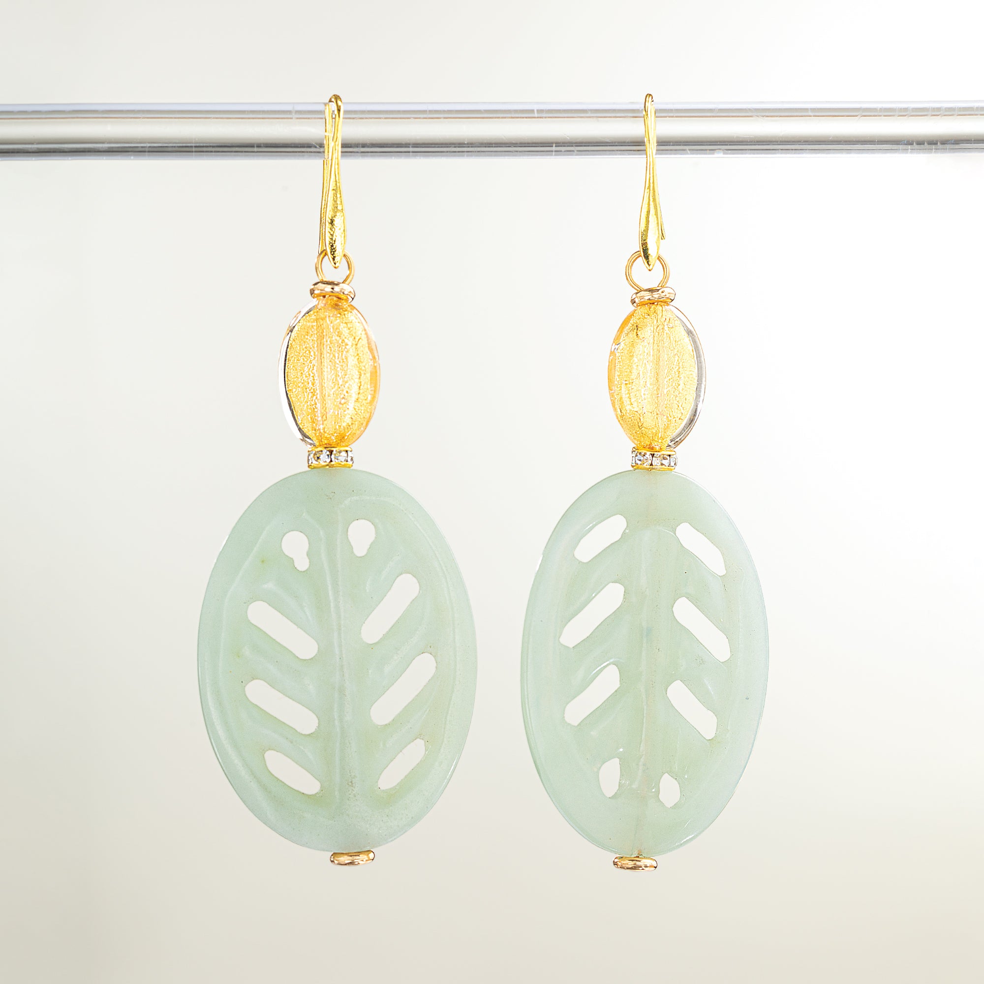Murano Glass & Carved Jade Leaf Earrings (Preorder)