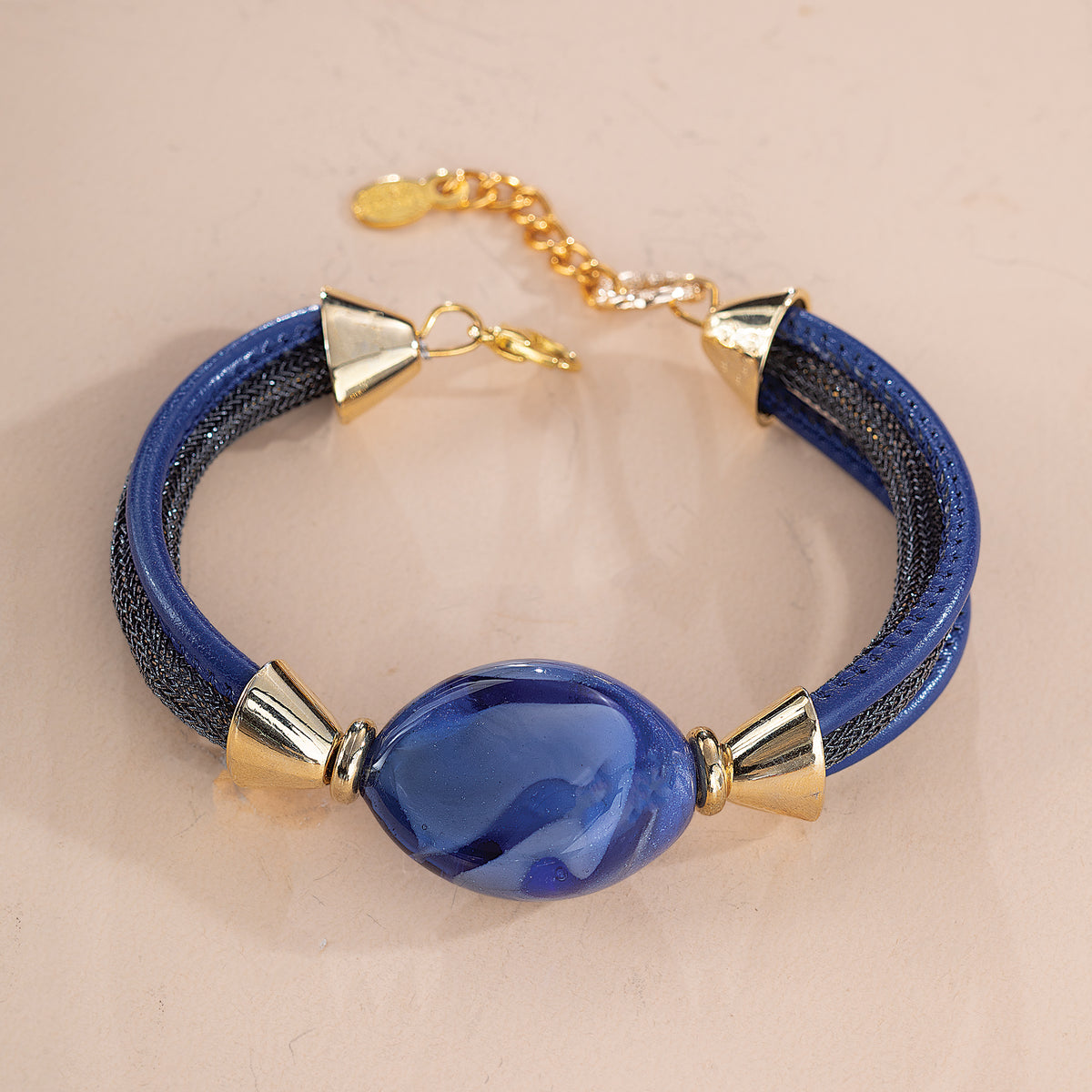 Polished Blue Murano Glass Leather Bracelet (Preorder)