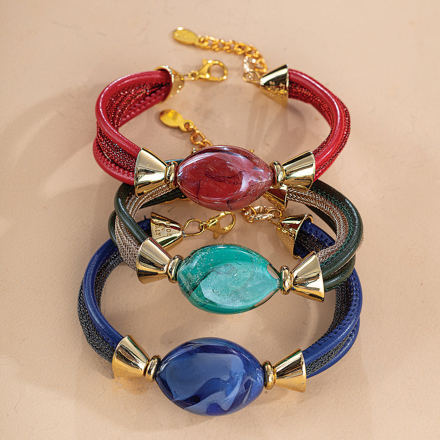 Polished Blue Murano Glass Leather Bracelet (Preorder)