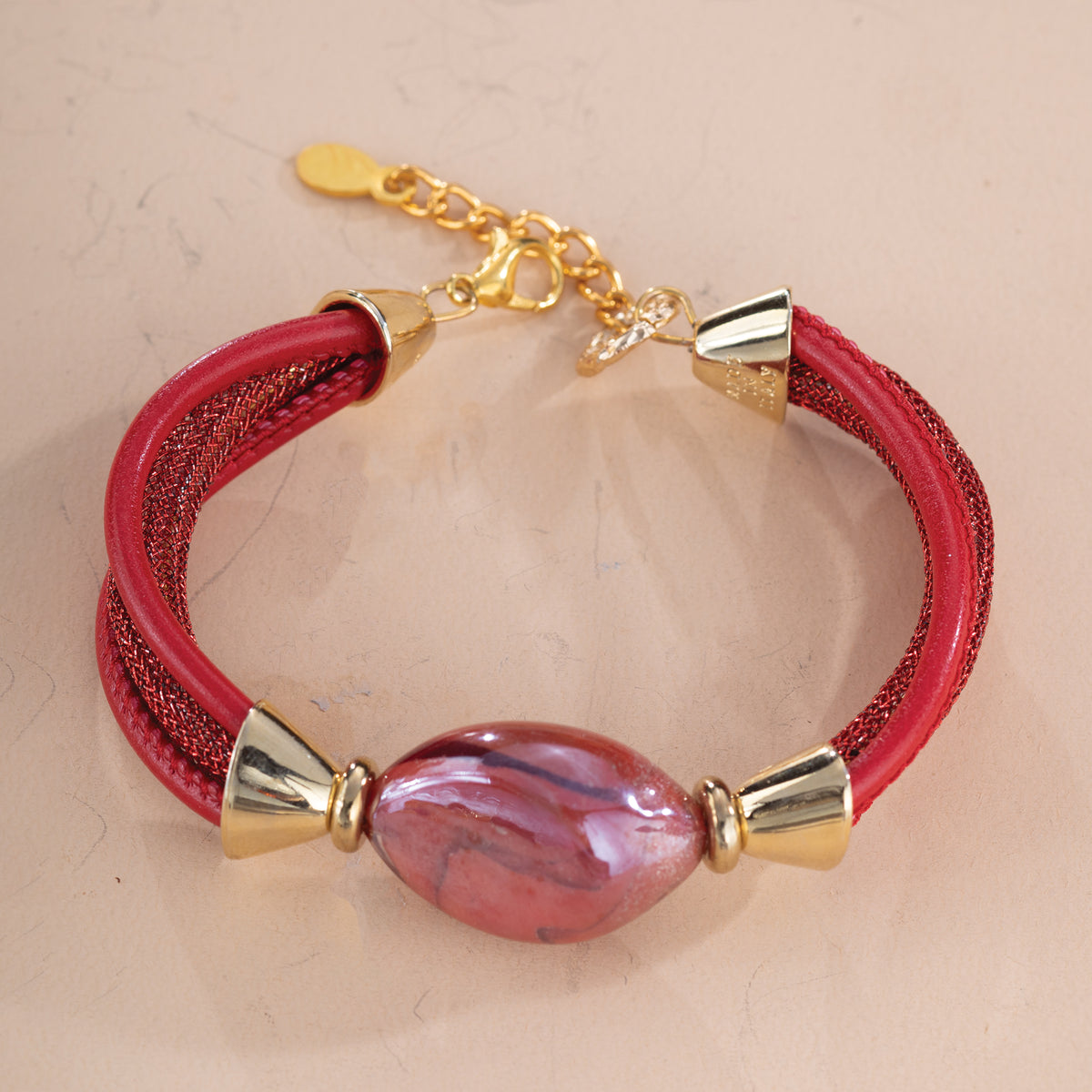 Polished Red Murano Glass Leather Bracelet (Preorder)