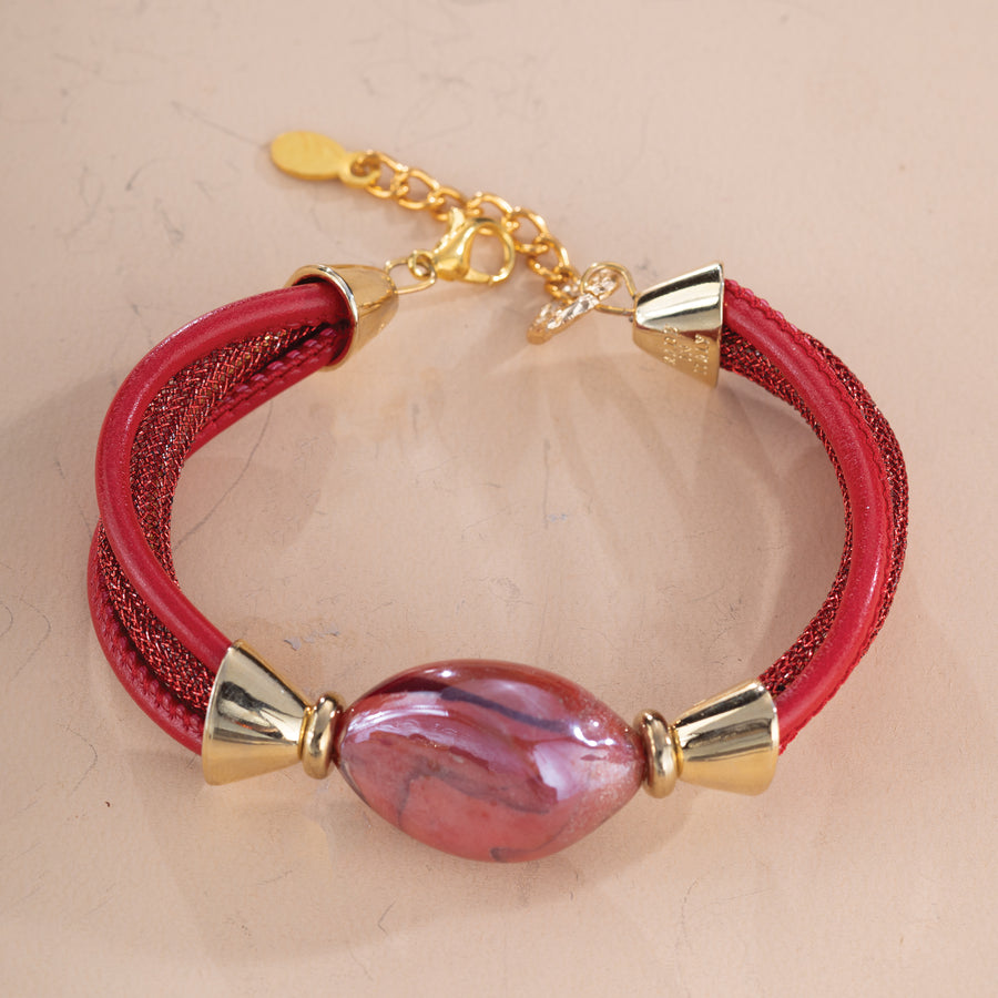 Polished Red Murano Glass Leather Bracelet (Preorder)