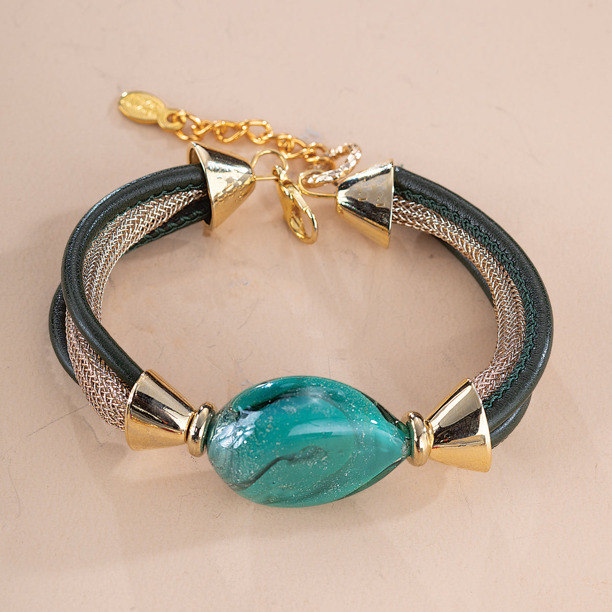 Polished Green Murano Glass Leather Bracelet (Preorder)