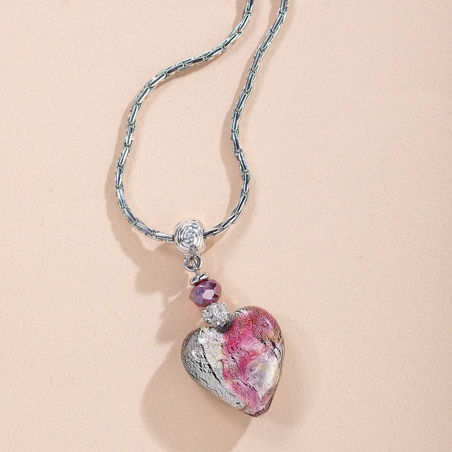 Murano Glass Crimson & Silver Heart Necklace (Preorder)