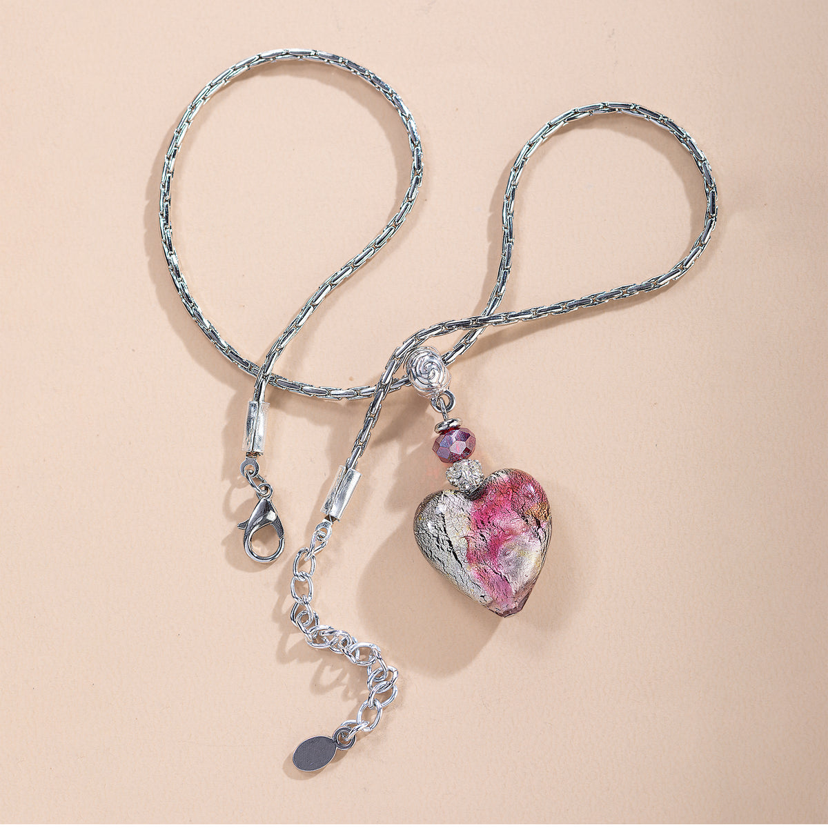 Murano Glass Crimson & Silver Heart Necklace (Preorder)
