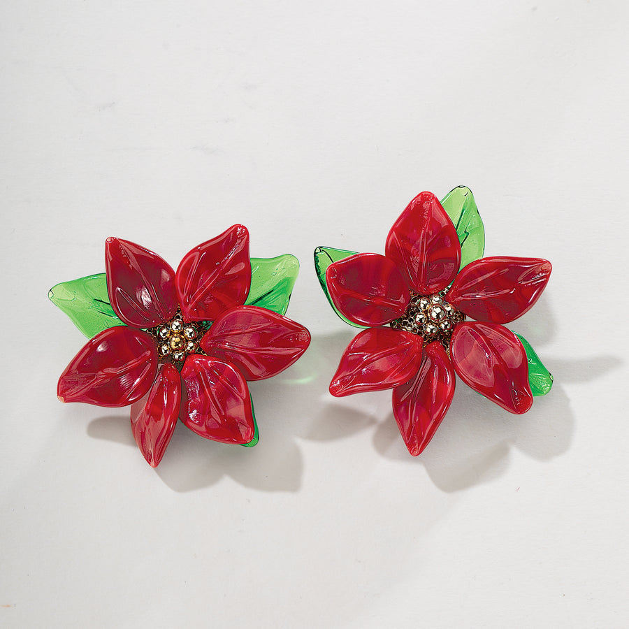 Murano Glass Perfect Poinsettia Clip-On Earrings (Preorder)