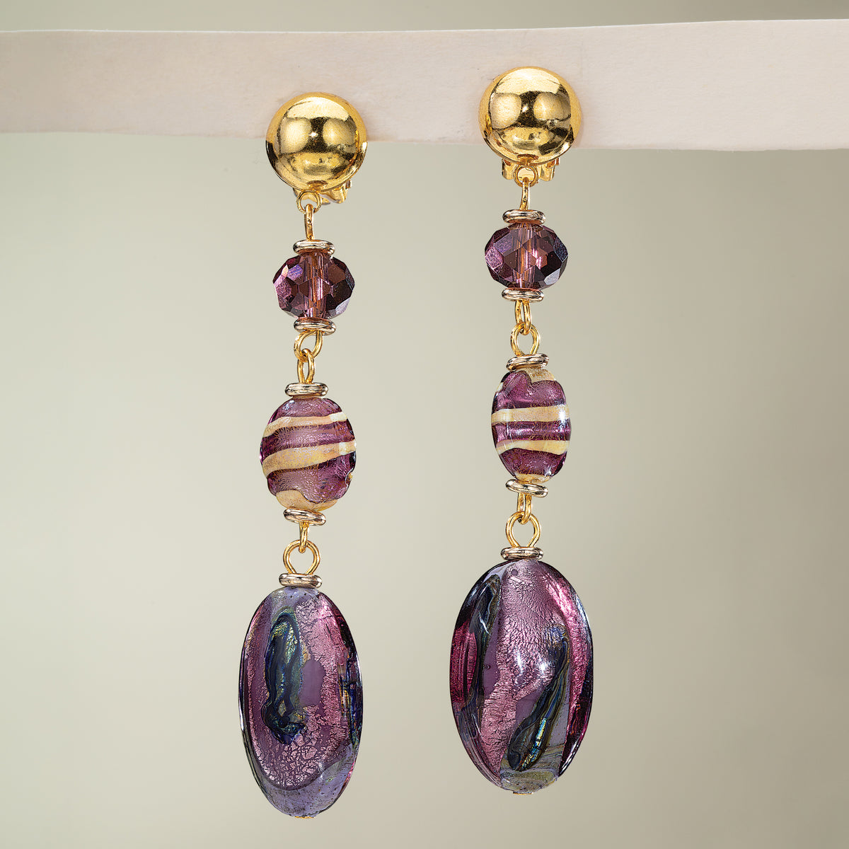 Murano Glass Plum Grandeur Triple Drop Clip-On Earrings (Preorder)