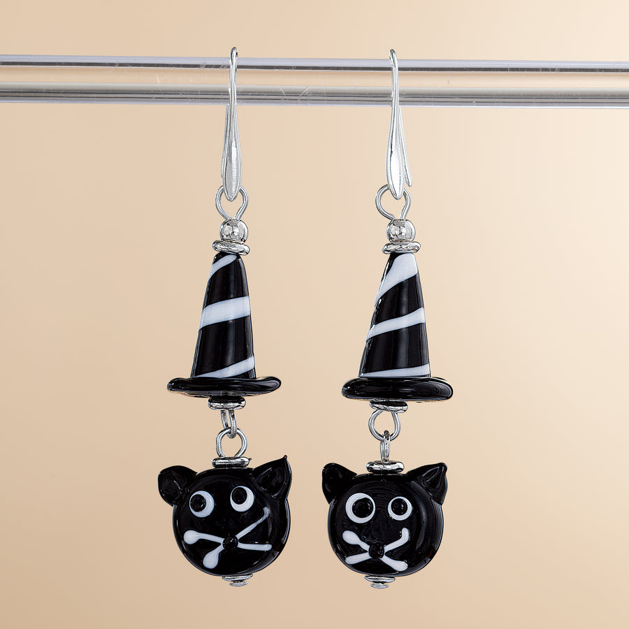 Murano Glass Black Hat Cat Earrings (Preorder)