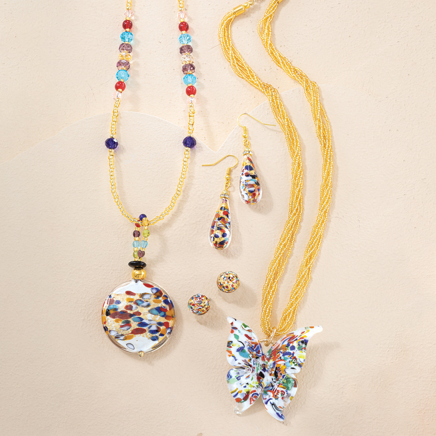 Murano Glass Speckled Multistrand Butterfly Pendant Necklace