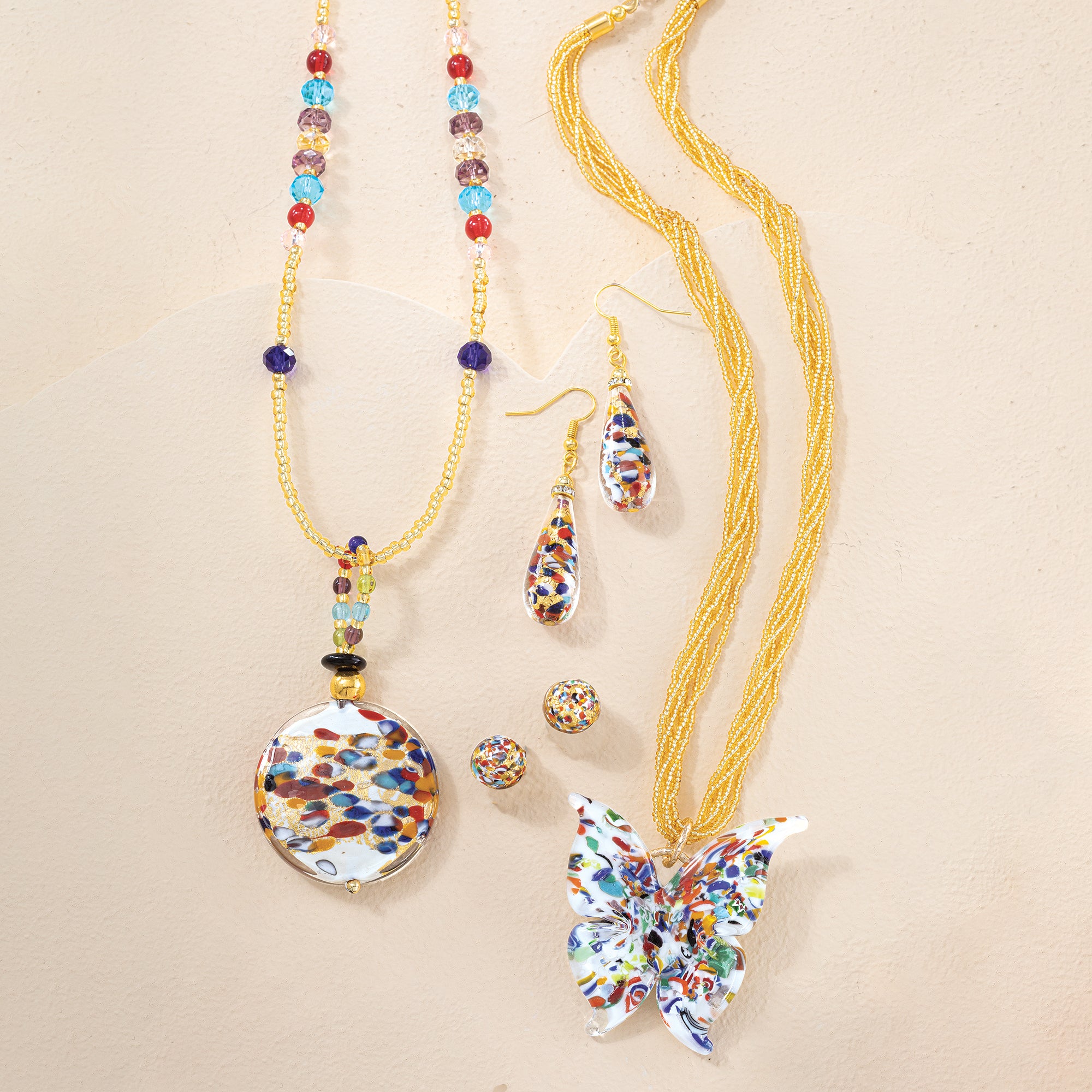 Murano Glass Speckled Multistrand Butterfly Pendant Necklace