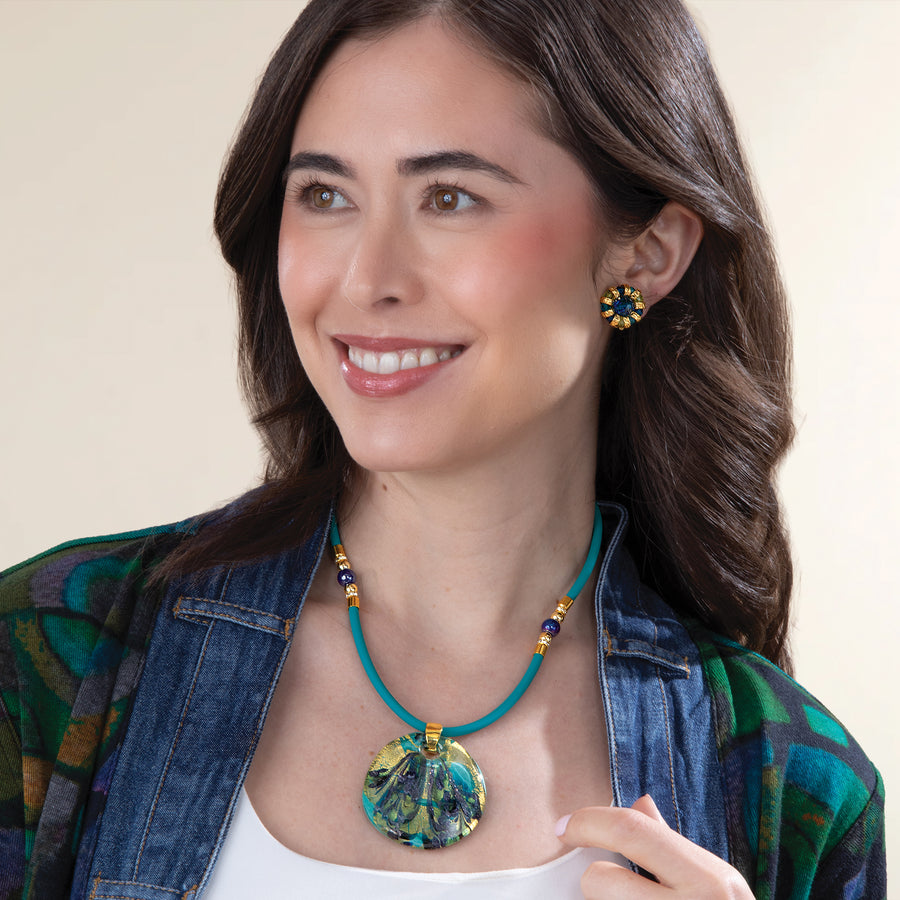 Murano Glass Unreal in Teal Round Pendant Necklace (Preorder)