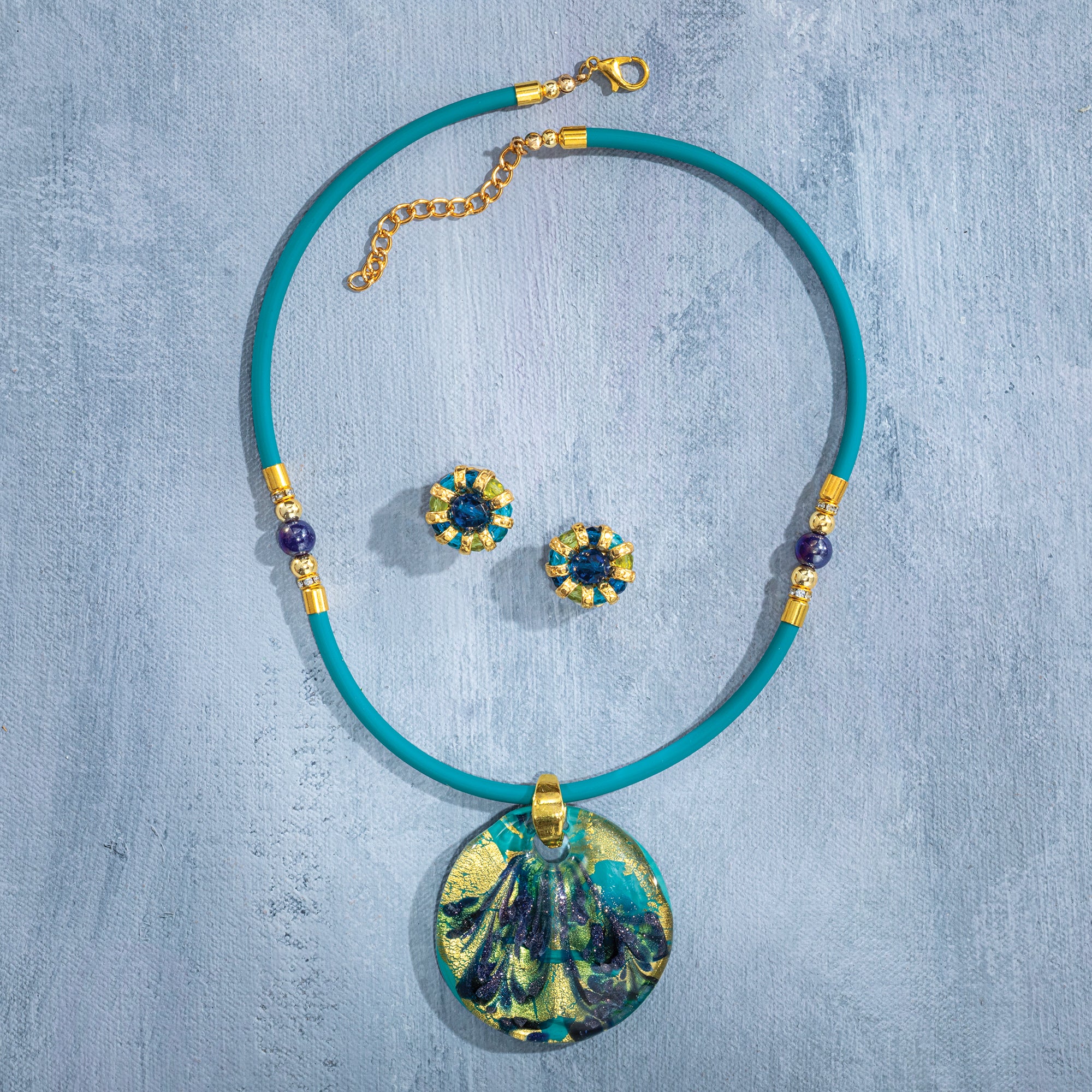 Murano Glass Unreal in Teal Round Pendant Necklace (Preorder)