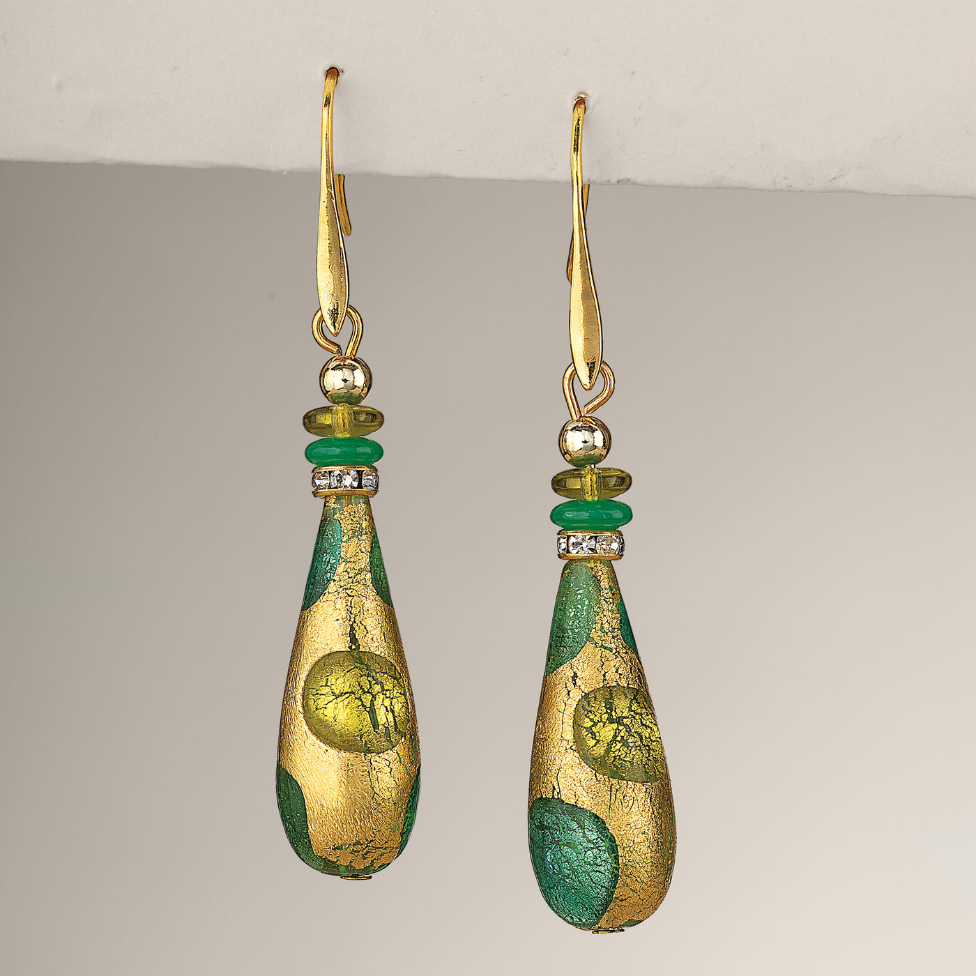 Murano Glass Green & Gold Teardrop Earrings