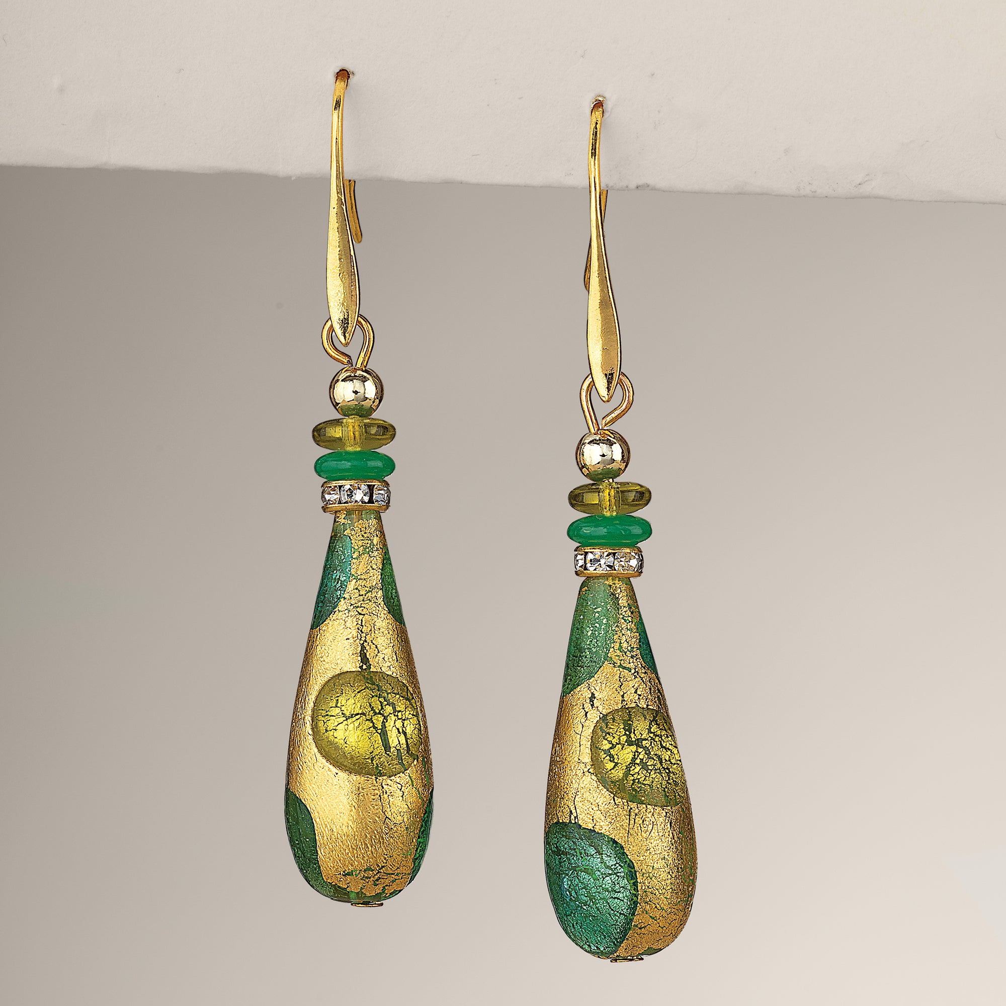 Murano Glass Green & Gold Teardrop Earrings
