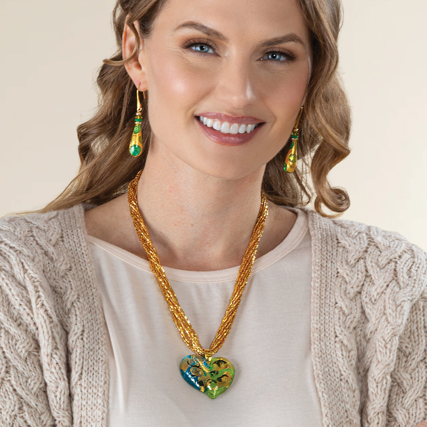 Murano Glass Green & Gold Teardrop Earrings