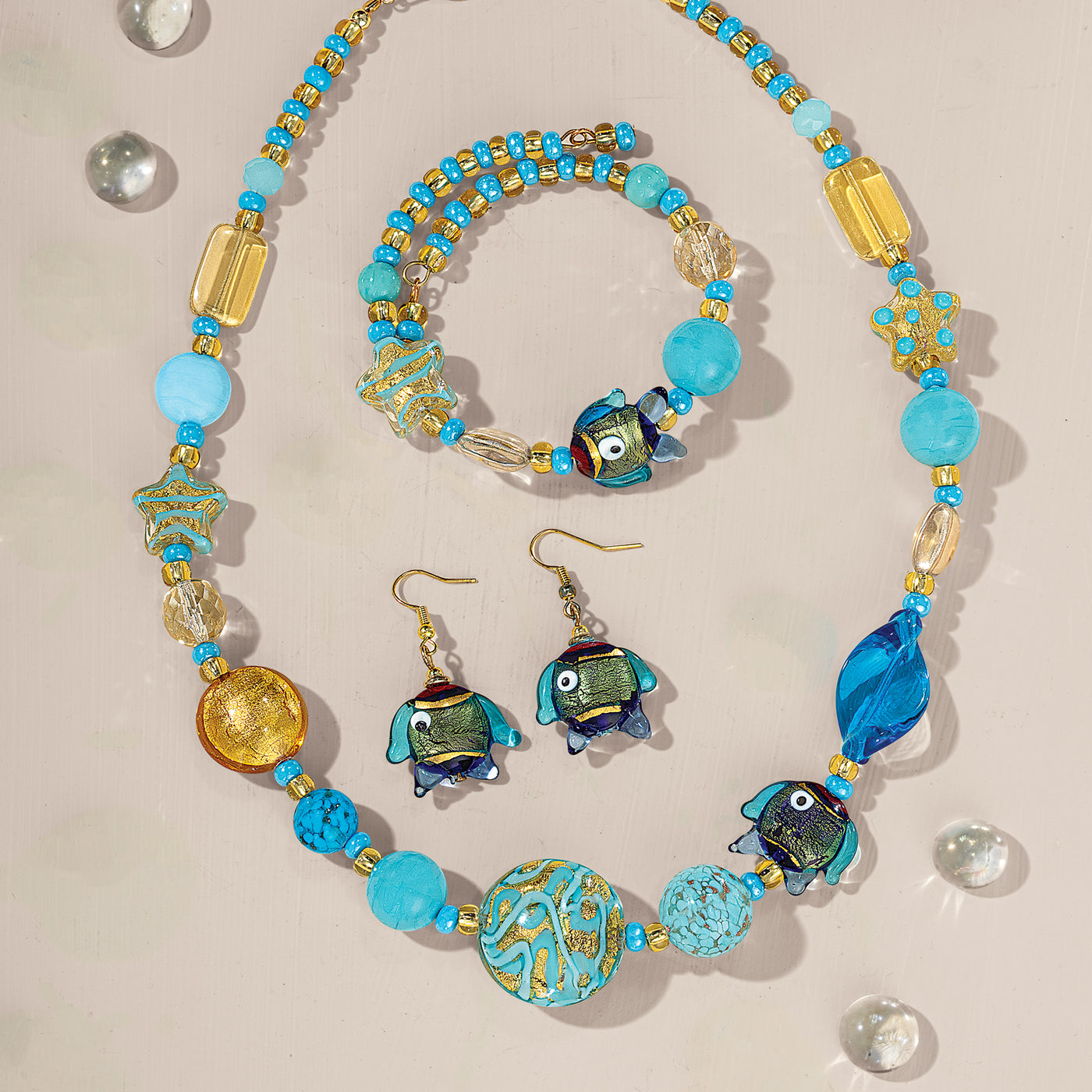 Murano Glass Turquoise & Gold Foil-Infused Fish Earrings