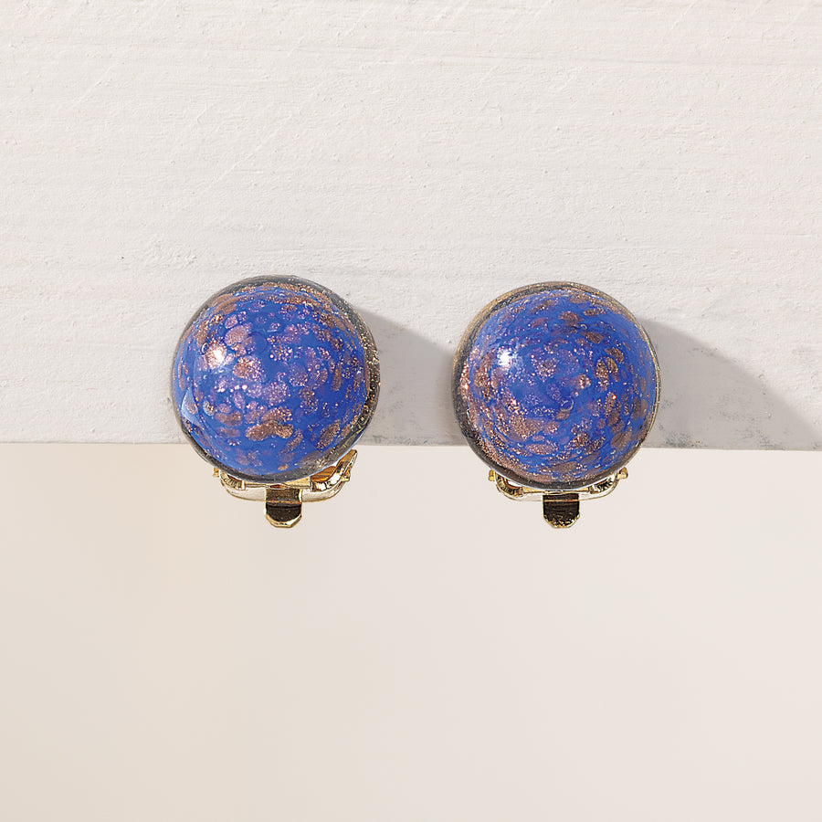 Murano Glass Blue Stellata Button Clip-On Earrings
