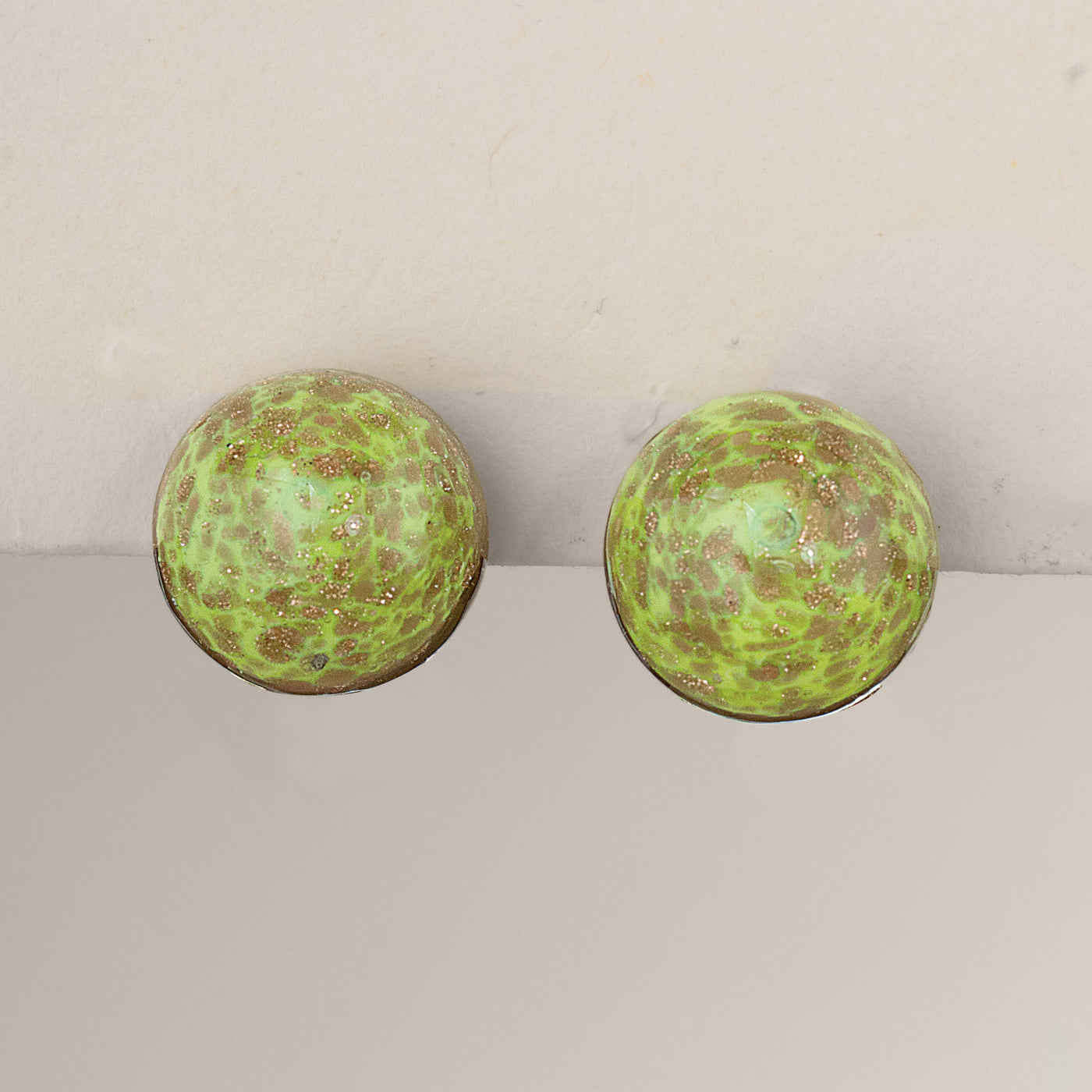 Murano Glass Green & Gold Clip-On Button Earrings