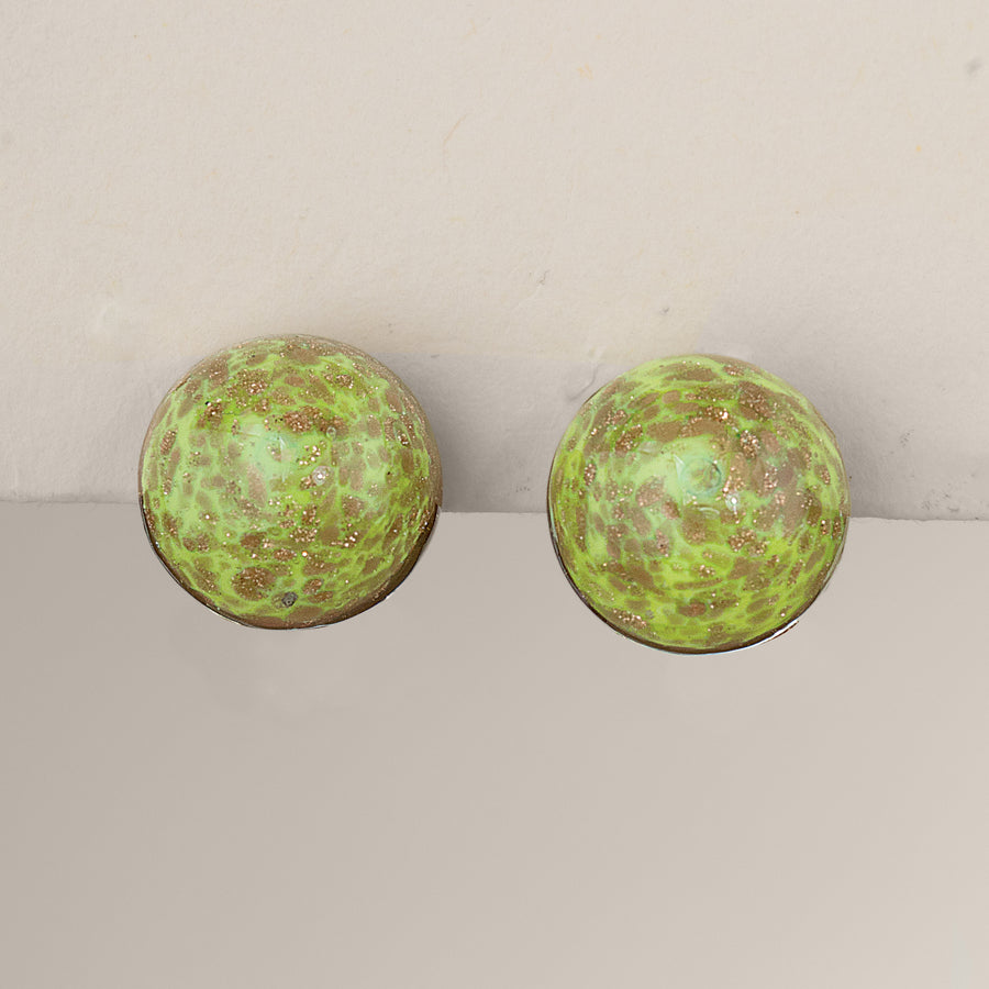 Murano Glass Green & Gold Clip-On Button Earrings