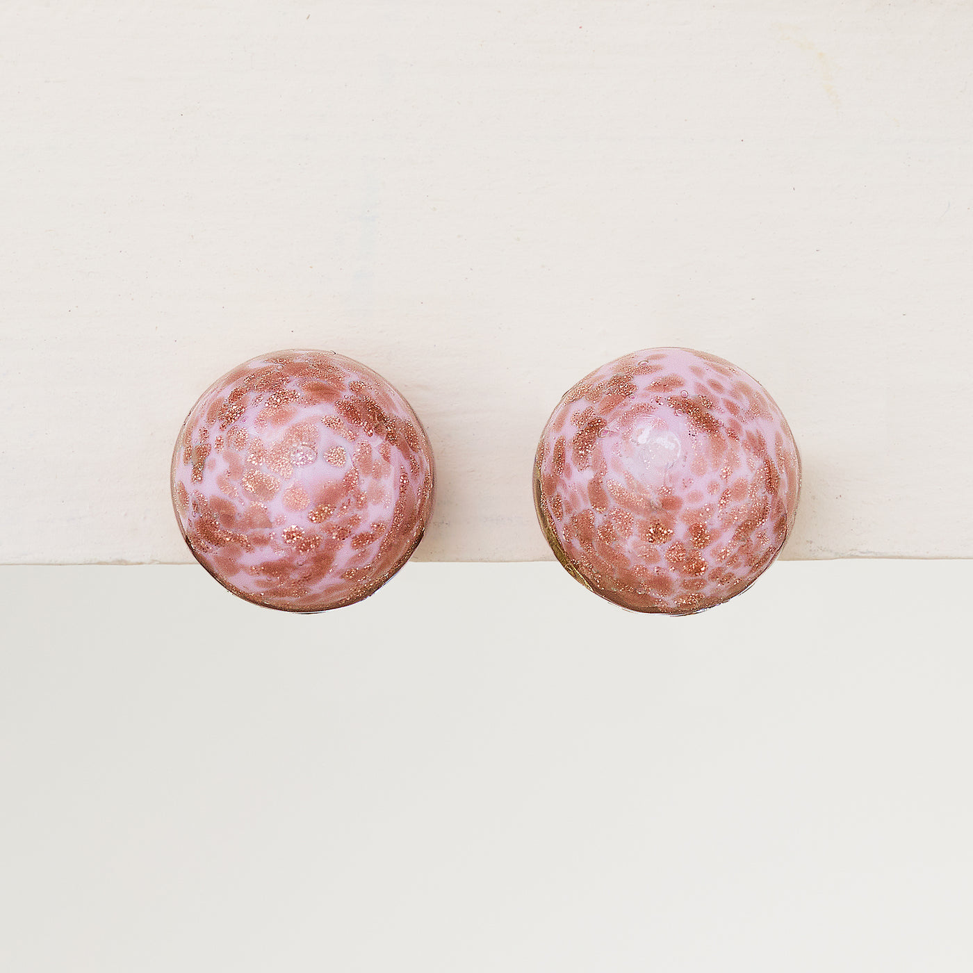 Pink Speckled Murano Glass Clip-On Button Earrings