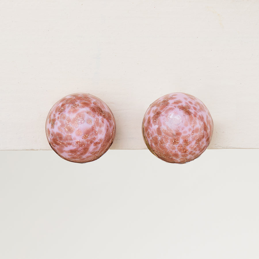 Pink Speckled Murano Glass Clip-On Button Earrings