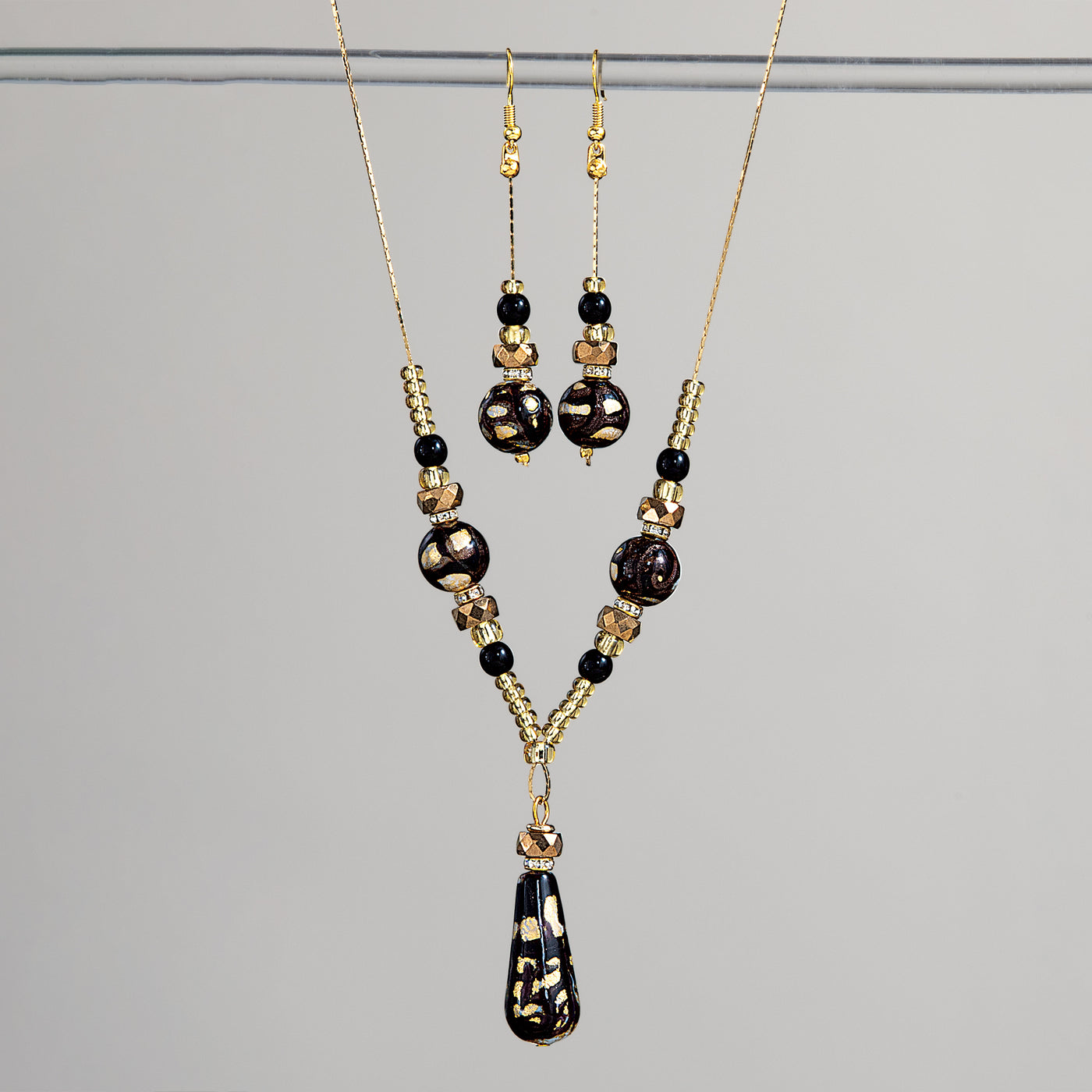 Murano Glass Black and Gold Swirled Pattern Necklace & Earrings Set