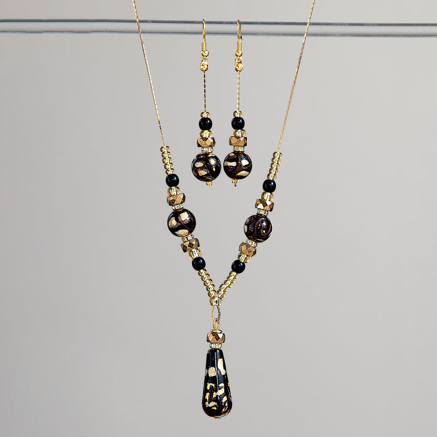 Murano Glass Black and Gold Swirled Pattern Necklace & Earrings Set