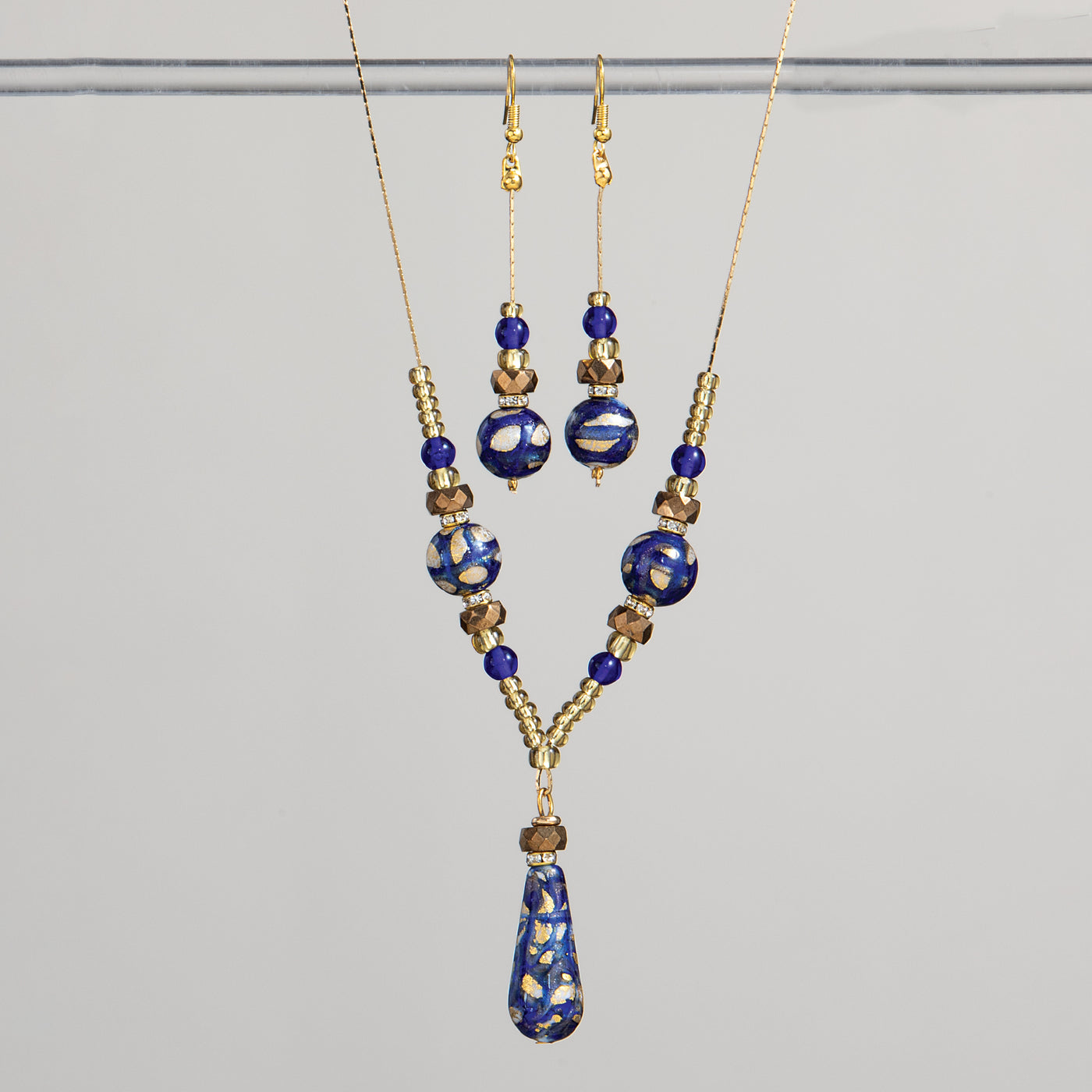 Murano Glass Blue and Gold Swirled Pattern Necklace & Earrings Set