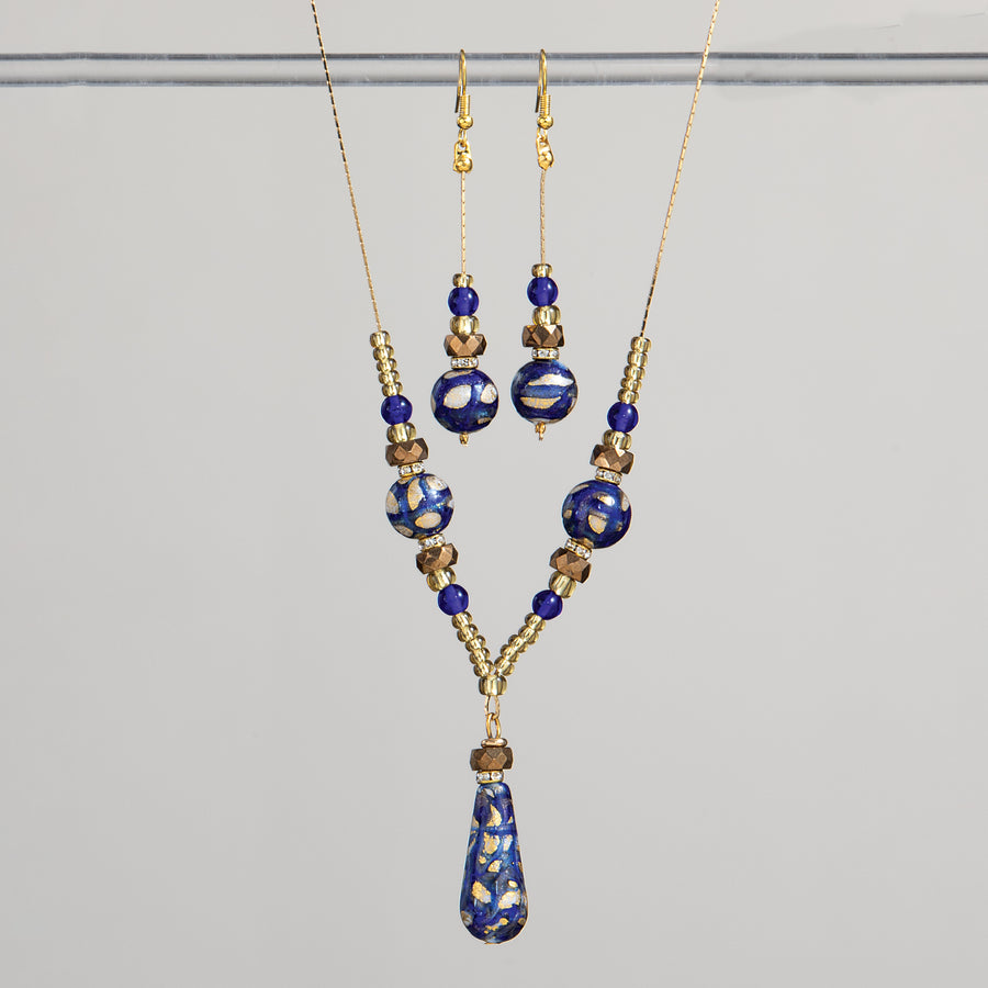 Murano Glass Blue and Gold Swirled Pattern Necklace & Earrings Set