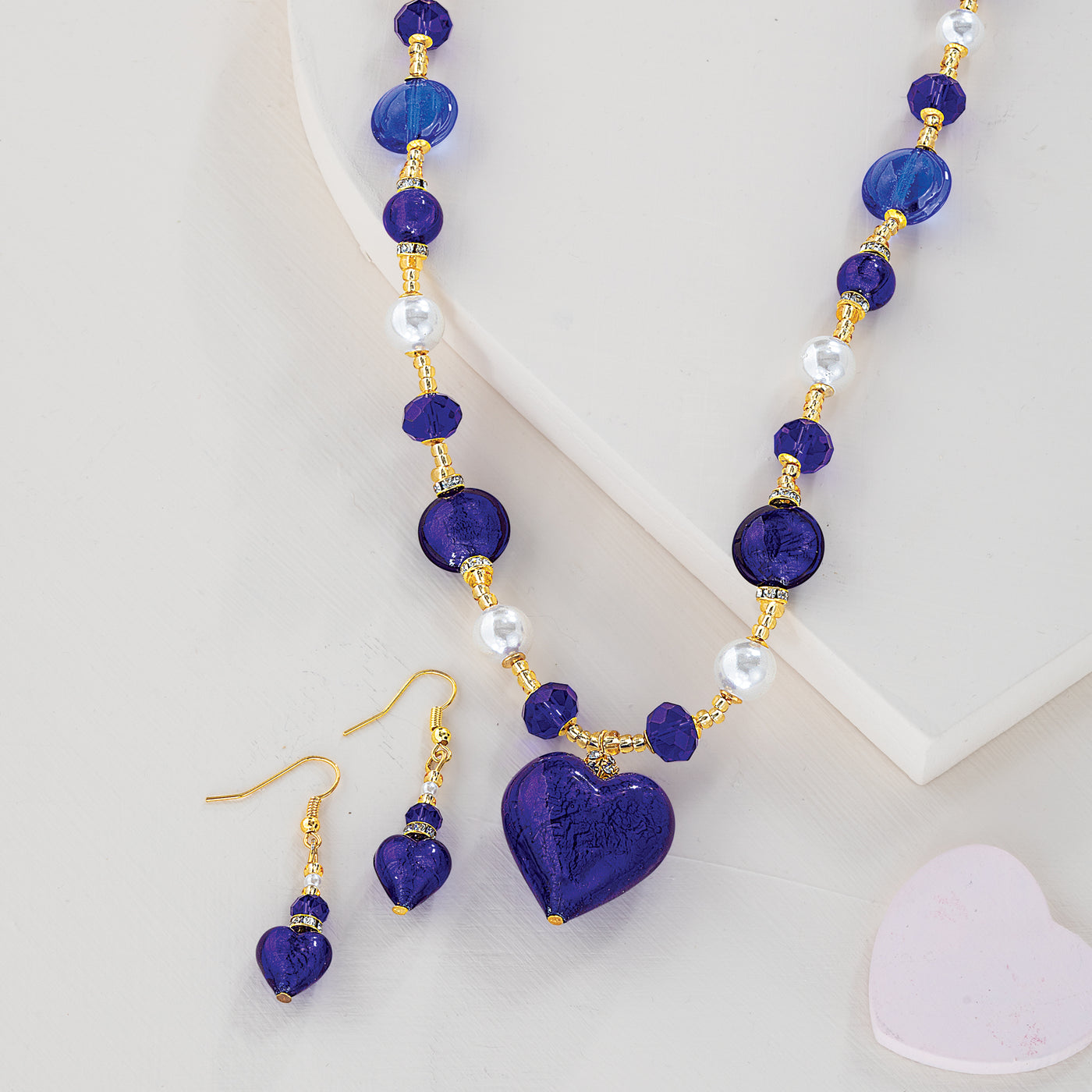 Murano Glass Cobalt Hearts & Pearls Necklace and Earrings Set