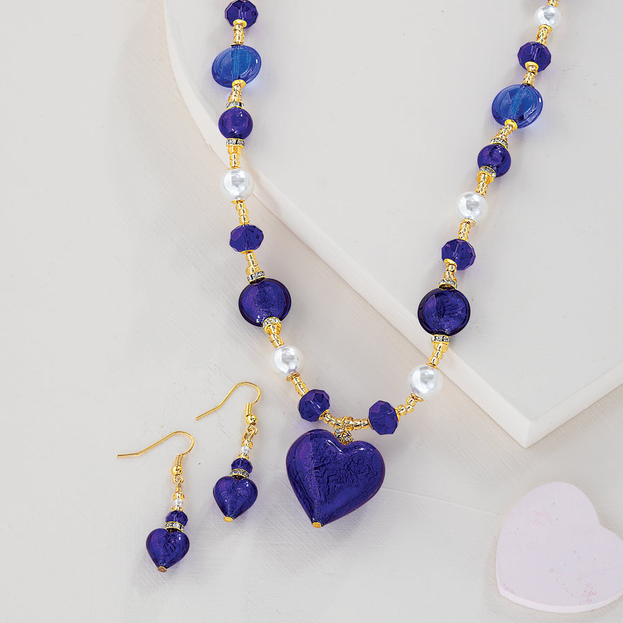 Murano Glass Cobalt Hearts & Pearls Necklace and Earrings Set