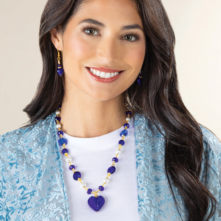 Murano Glass Cobalt Hearts & Pearls Necklace and Earrings Set