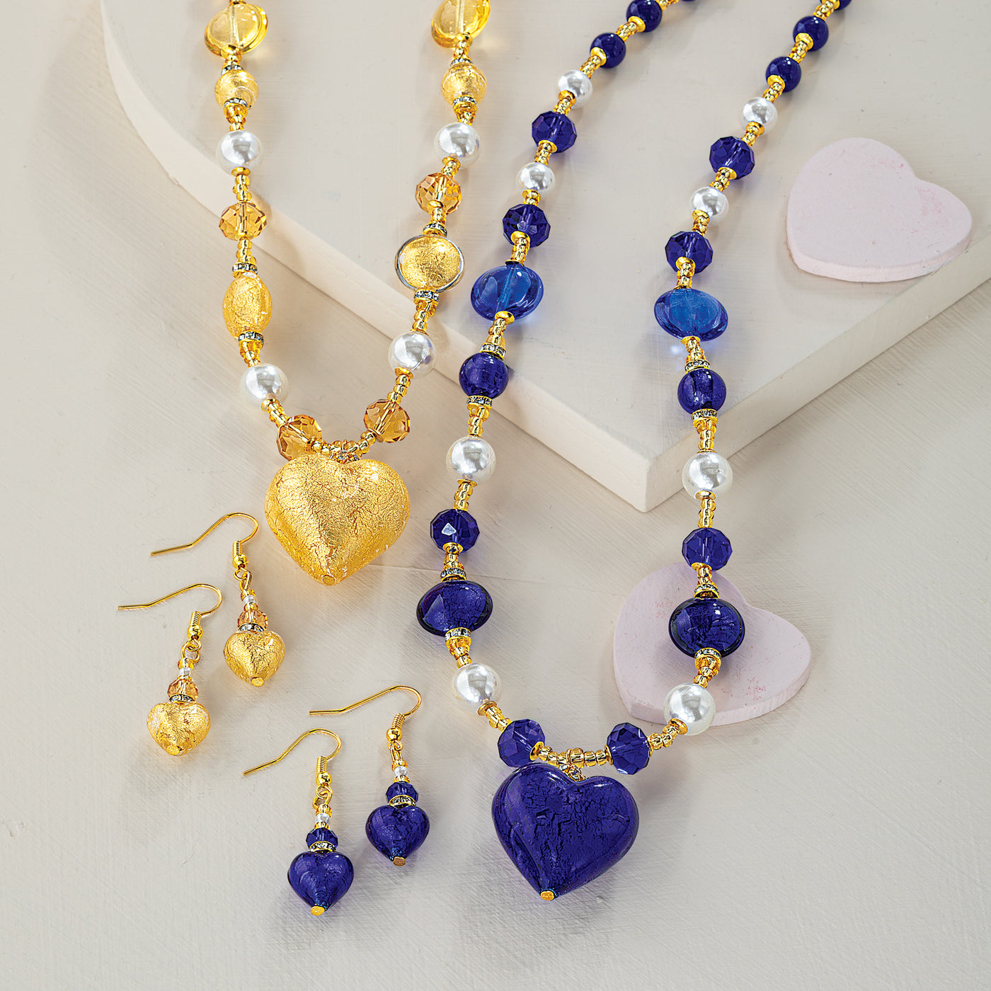 Murano Glass Gold Hearts & Pearls Necklace and Earrings Set