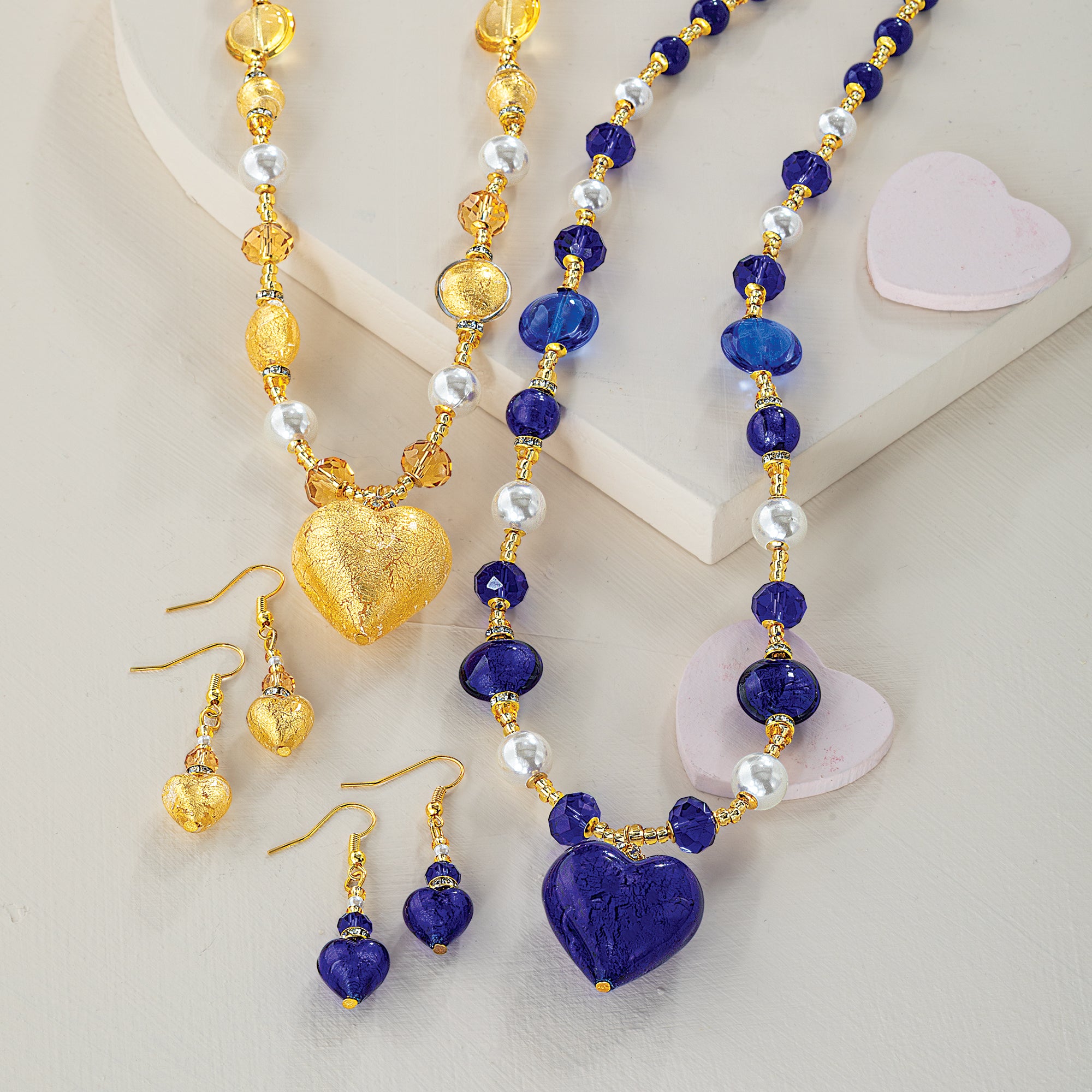 Murano Glass Gold Hearts & Pearls Necklace and Earrings Set